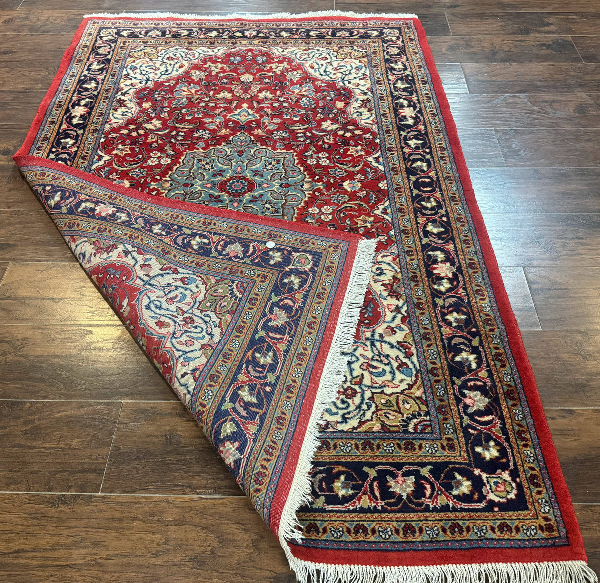 Persian Sarouk Rug 4x7, Red Navy Blue Vintage Wool Medallion Carpet - Jewel Rugs, view 12