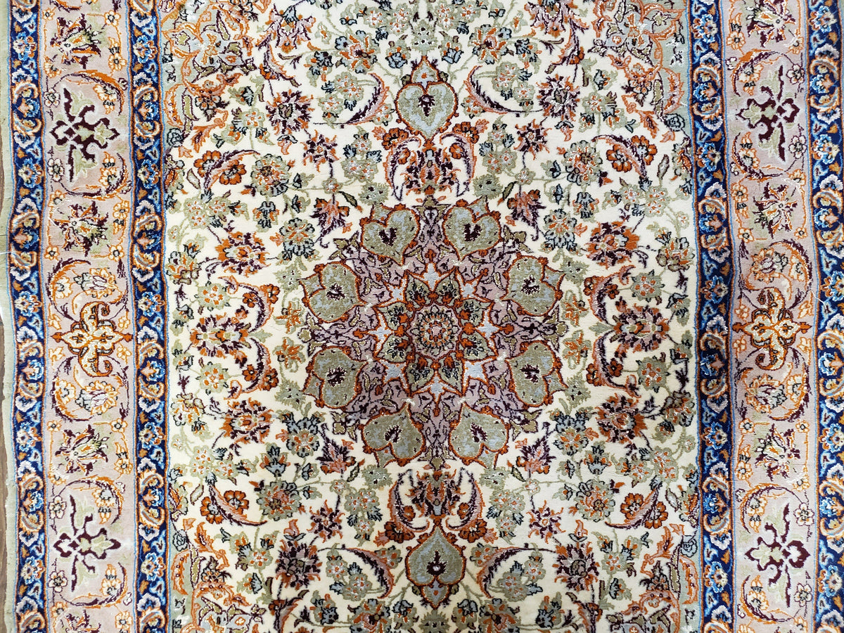 Vintage Persian Isfahan Lachak Toranj Rug, Highly Detailed, Kork Wool on Silk Foundation, Beige and Dark Blue, Hand-Knotted, 3'6" x 5' 4" - Jewel Rugs, view 5