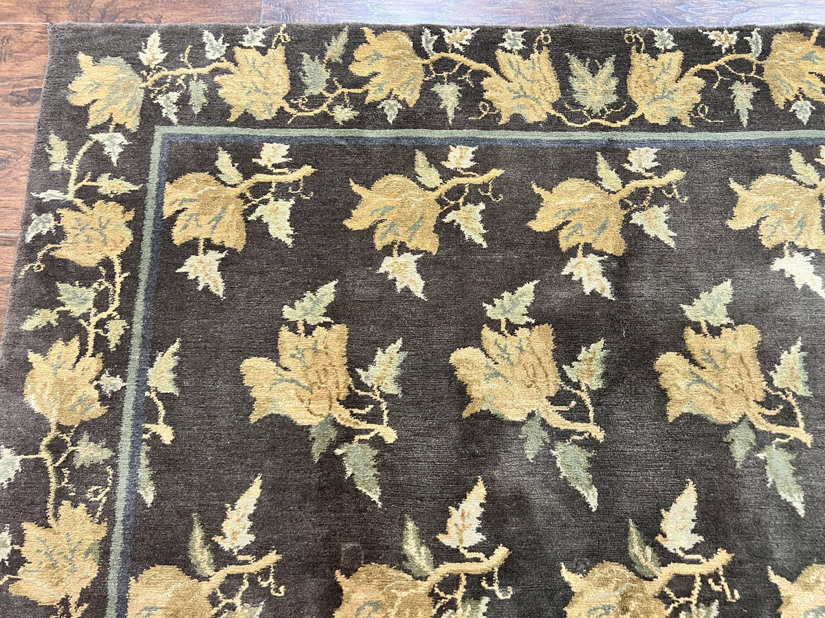 Tibetan Nepal Rug 6x9, Wool Hand Knotted Vintage Carpet 6 x 9, Dark Green & Golden Yellow, Floral Bouquets - Jewel Rugs, view 7