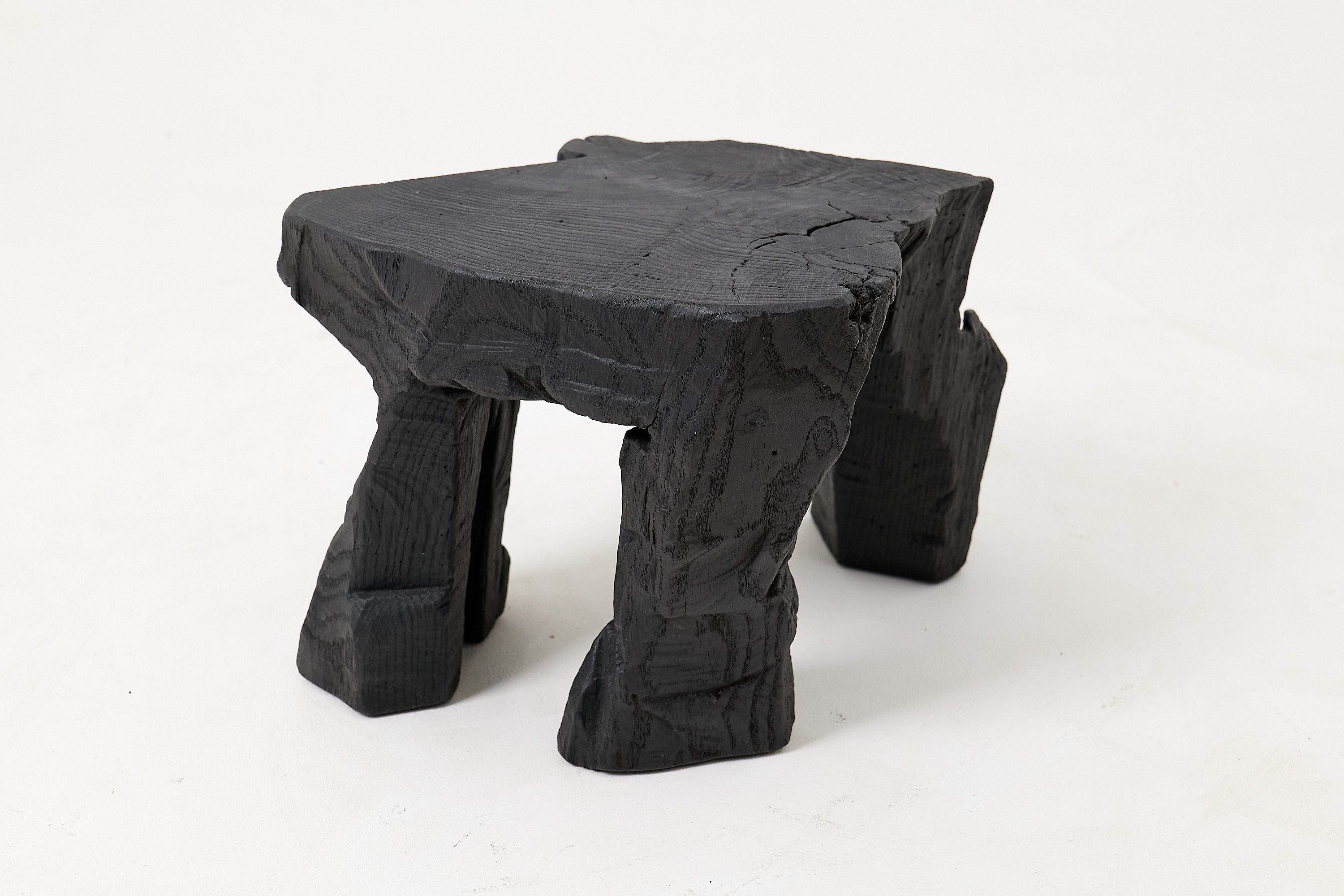 Sculptural Hardwood Stool, Side Table, Charred Wood, Hand-Carved - image 6