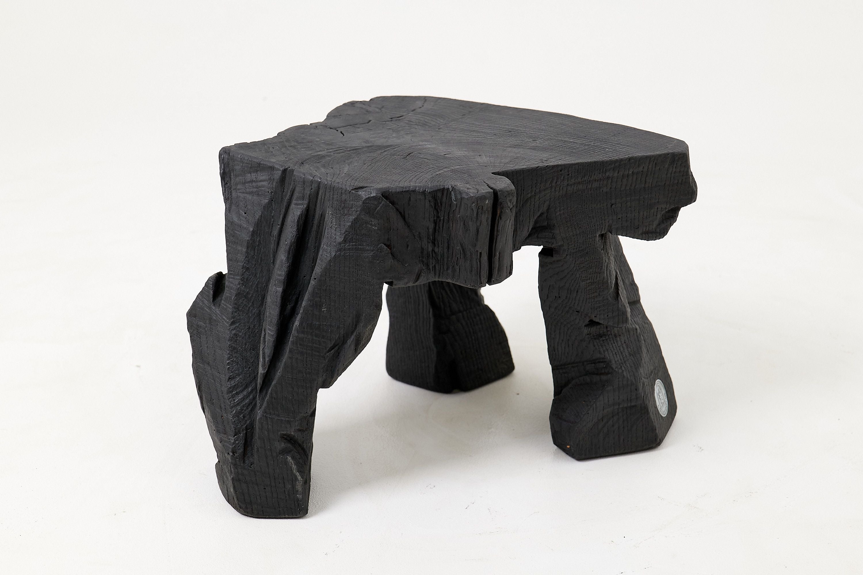 Sculptural Hardwood Stool, Side Table, Charred Wood, Hand-Carved