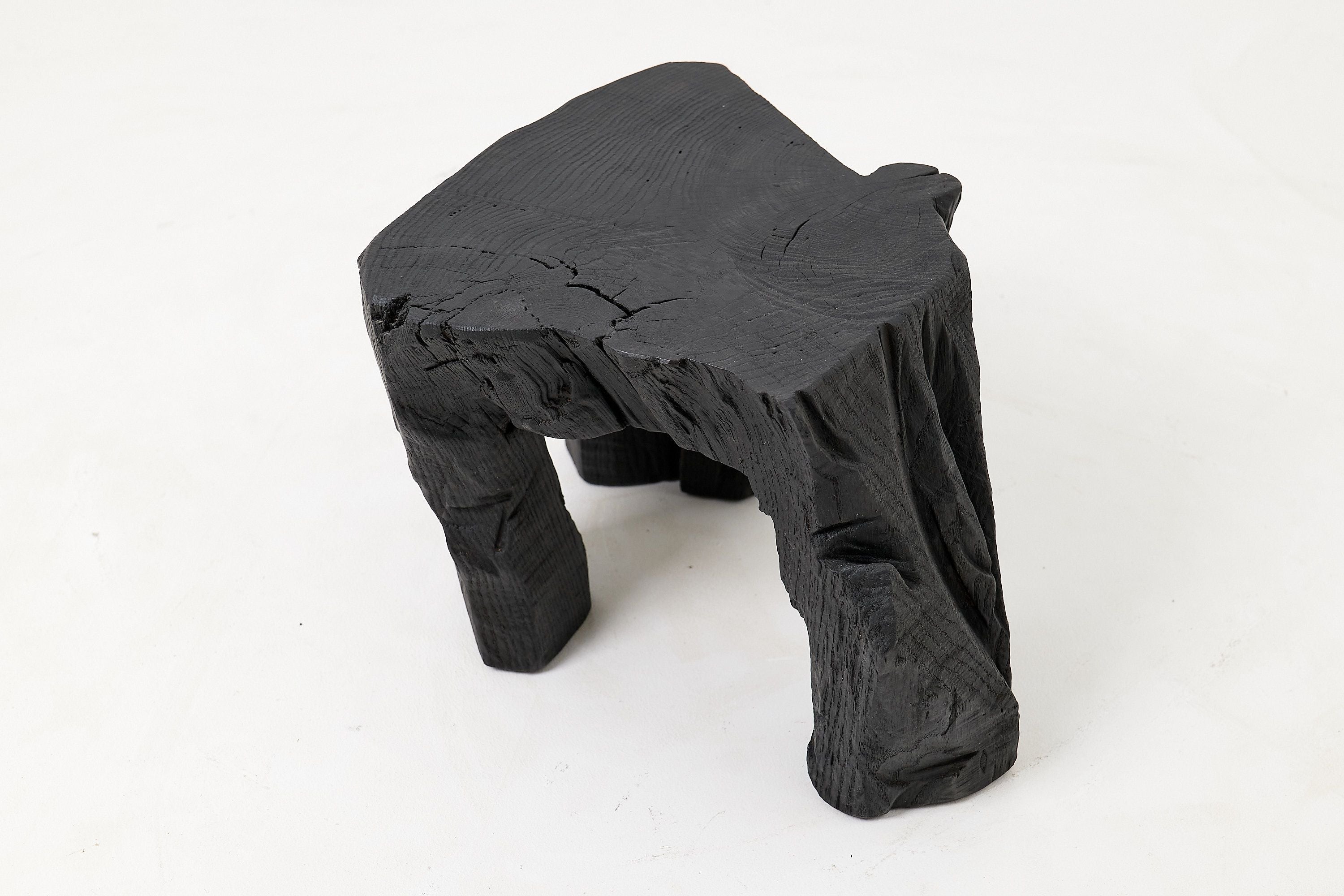 Sculptural Hardwood Stool, Side Table, Charred Wood, Hand-Carved - image 11
