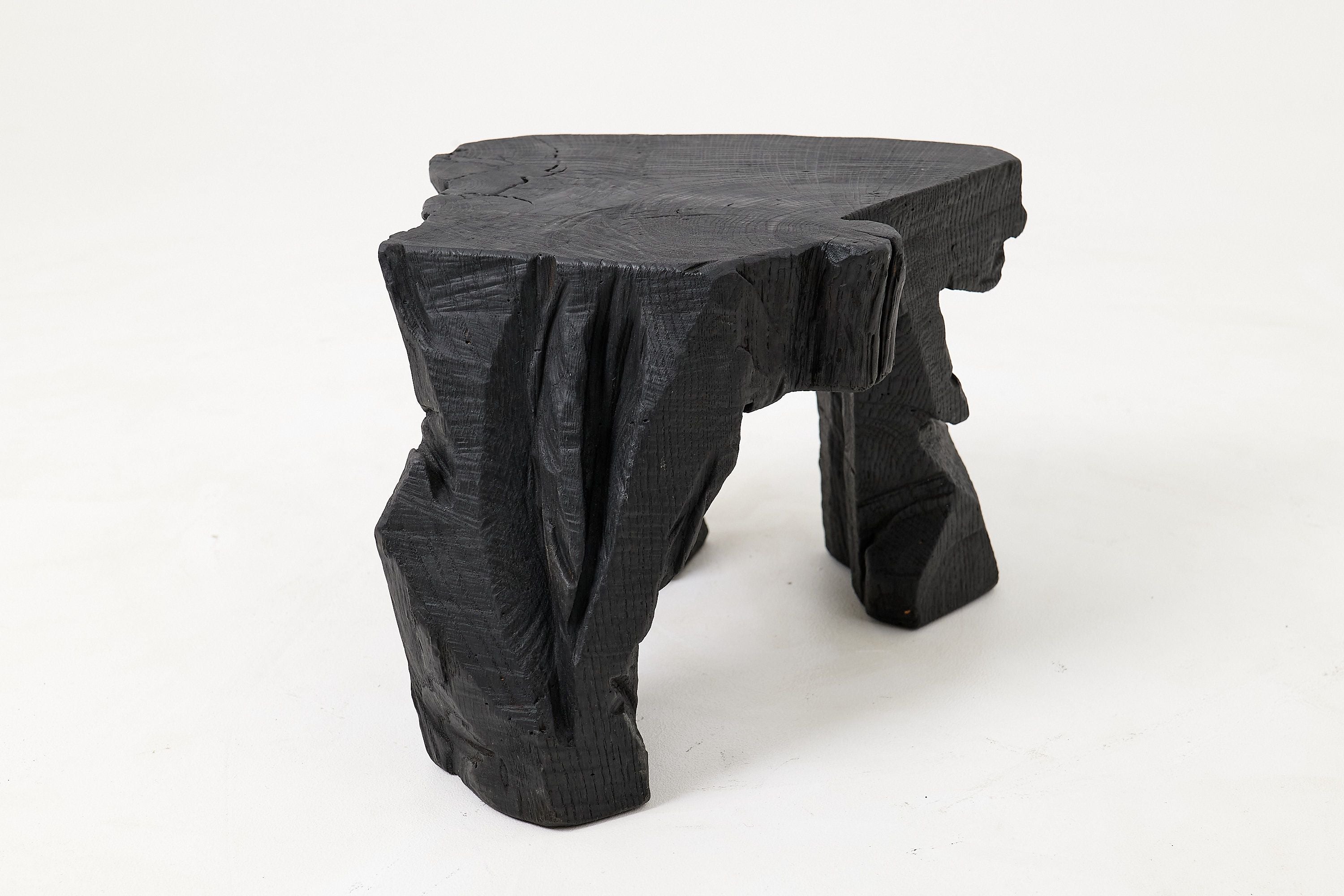 Sculptural Hardwood Stool, Side Table, Charred Wood, Hand-Carved - image 14