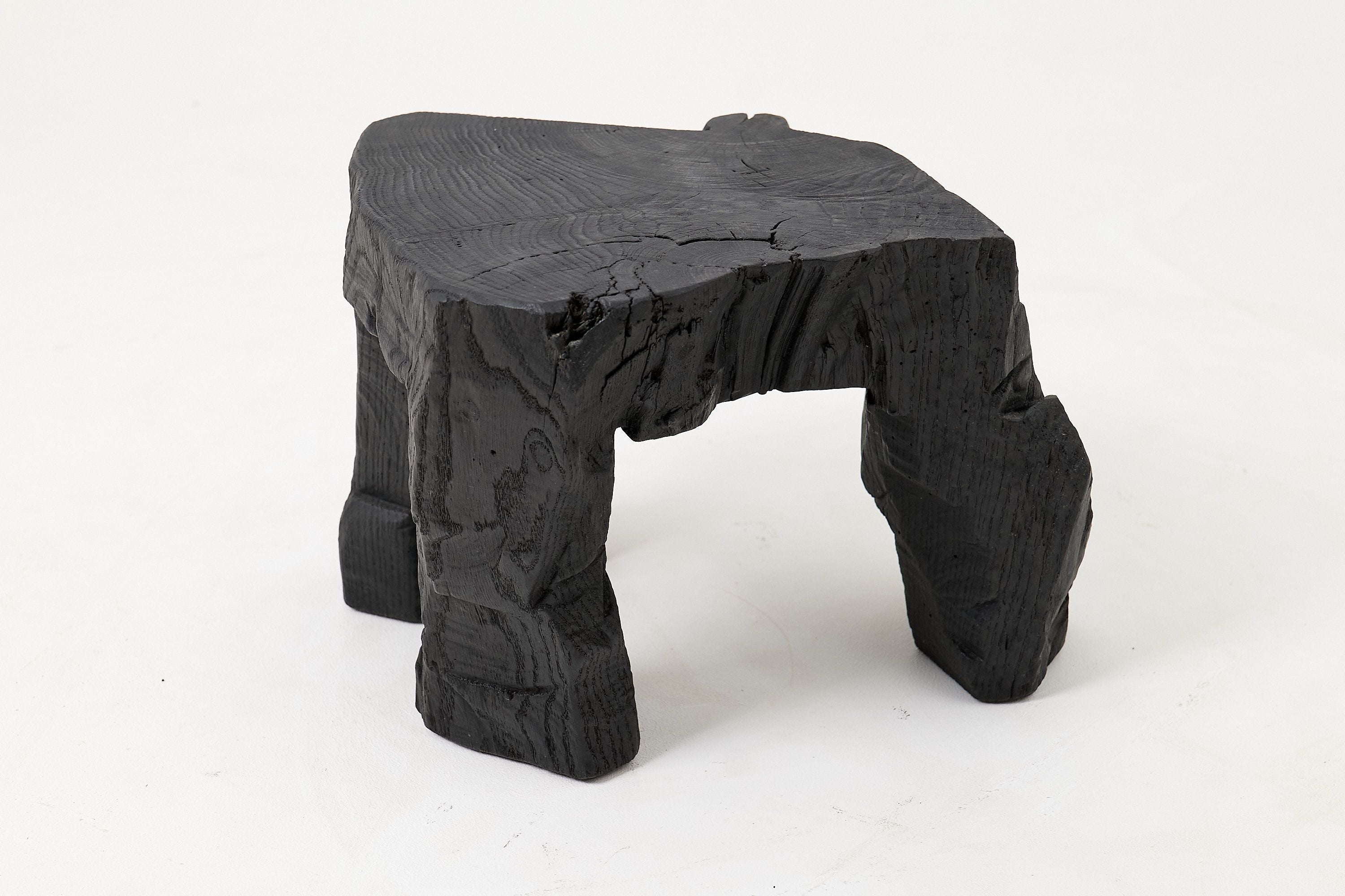 Sculptural Hardwood Stool, Side Table, Charred Wood, Hand-Carved - image 8