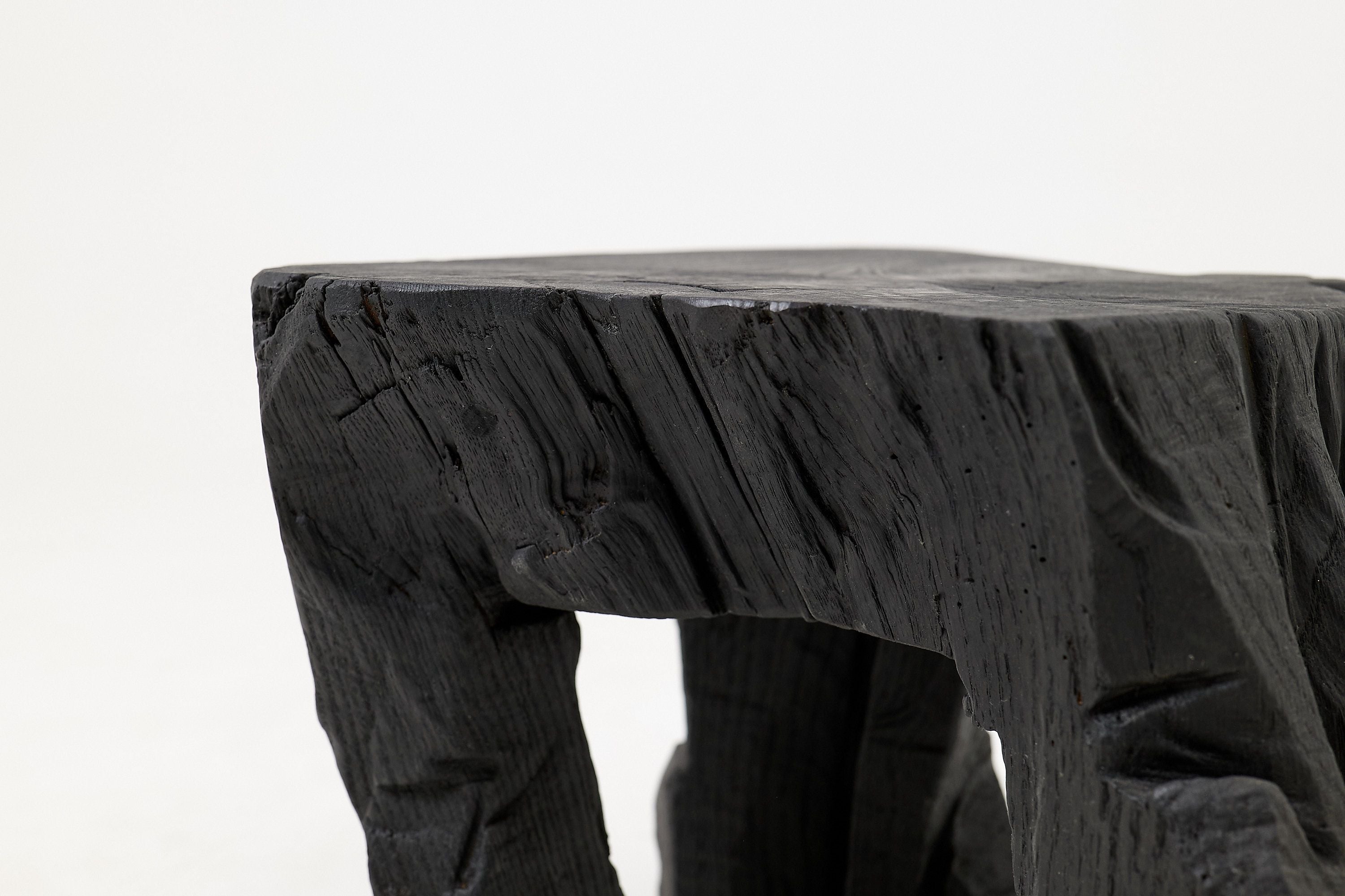 Sculptural Hardwood Stool, Side Table, Charred Wood, Hand-Carved - image 12