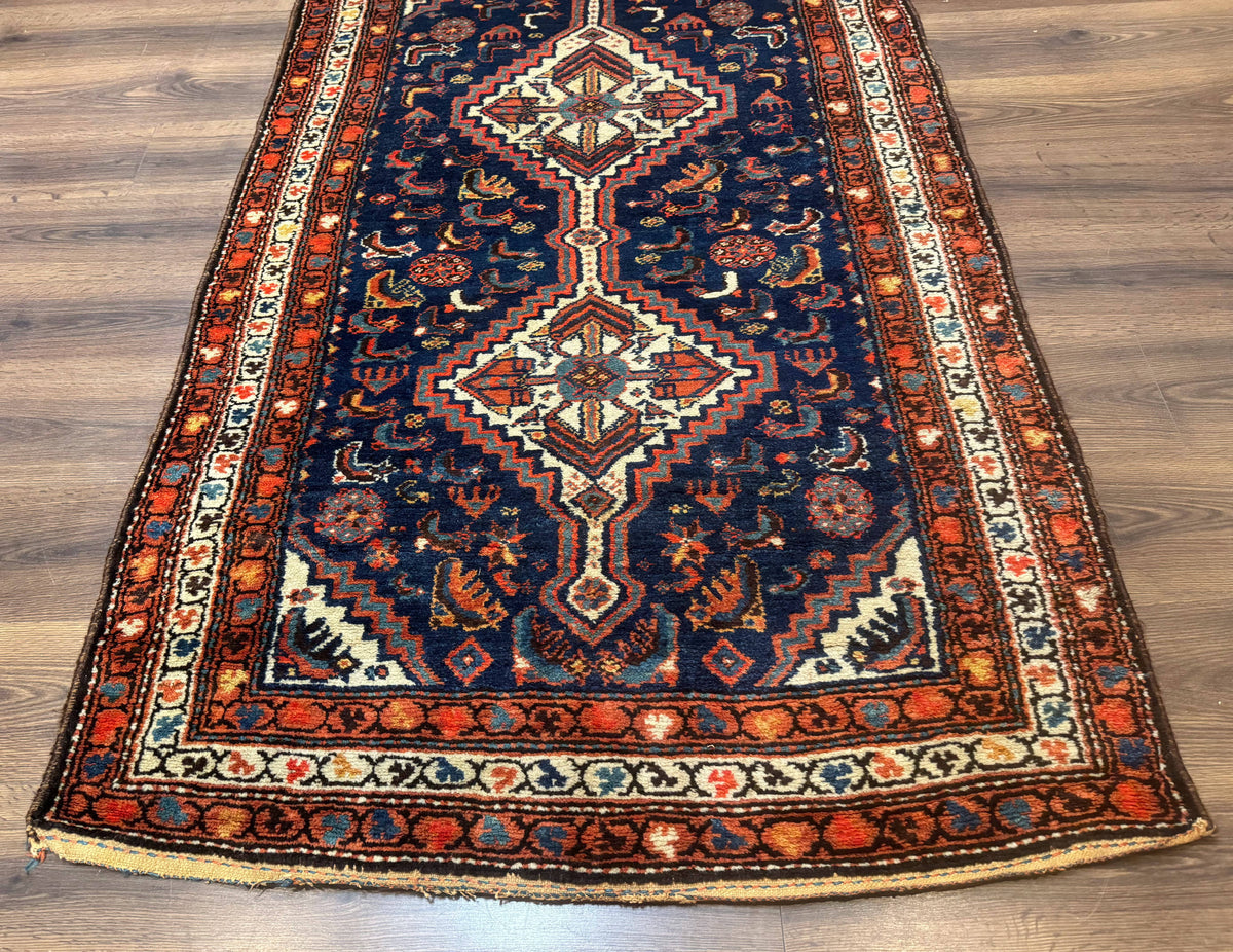 Antique Persian Hamadan Rug 4x6, Geometric, Double Medallions, Navy Blue, Tribal Carpet - Jewel Rugs, view 6