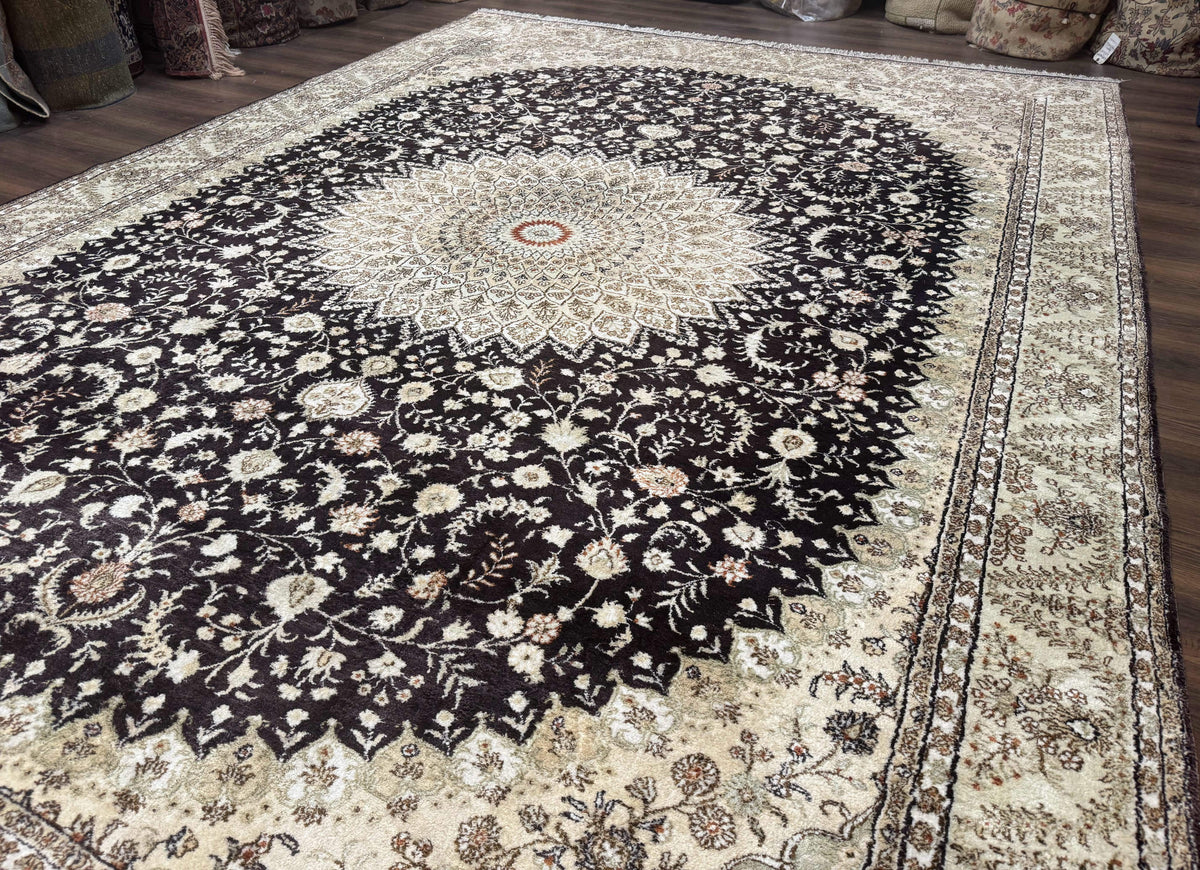 Indian Kashmiri Silk Rug 10x14, Floral Medallion - Jewel Rugs, view 2