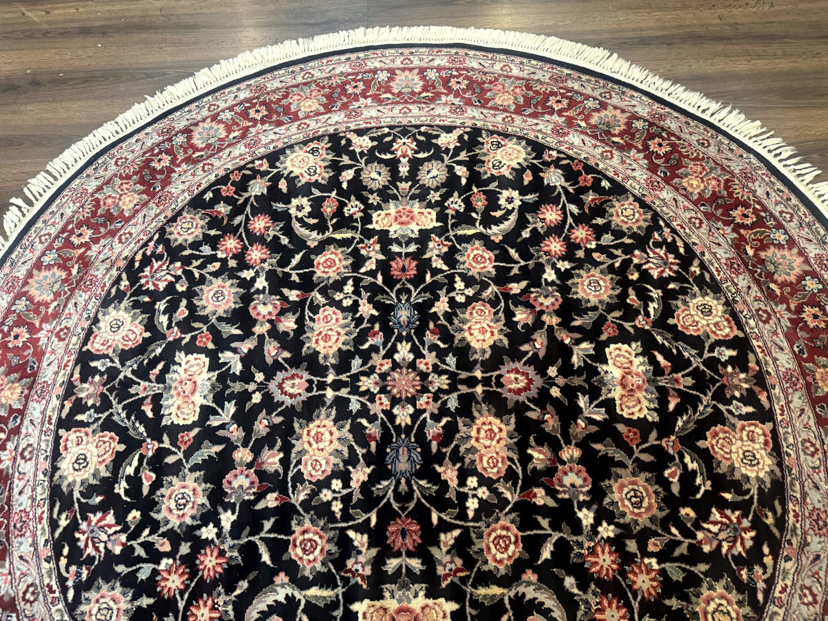 Round Sino Persian Rug 6x6, Floral, Navy Blue and Red, Wool and Silk Highlights - Jewel Rugs, view 8