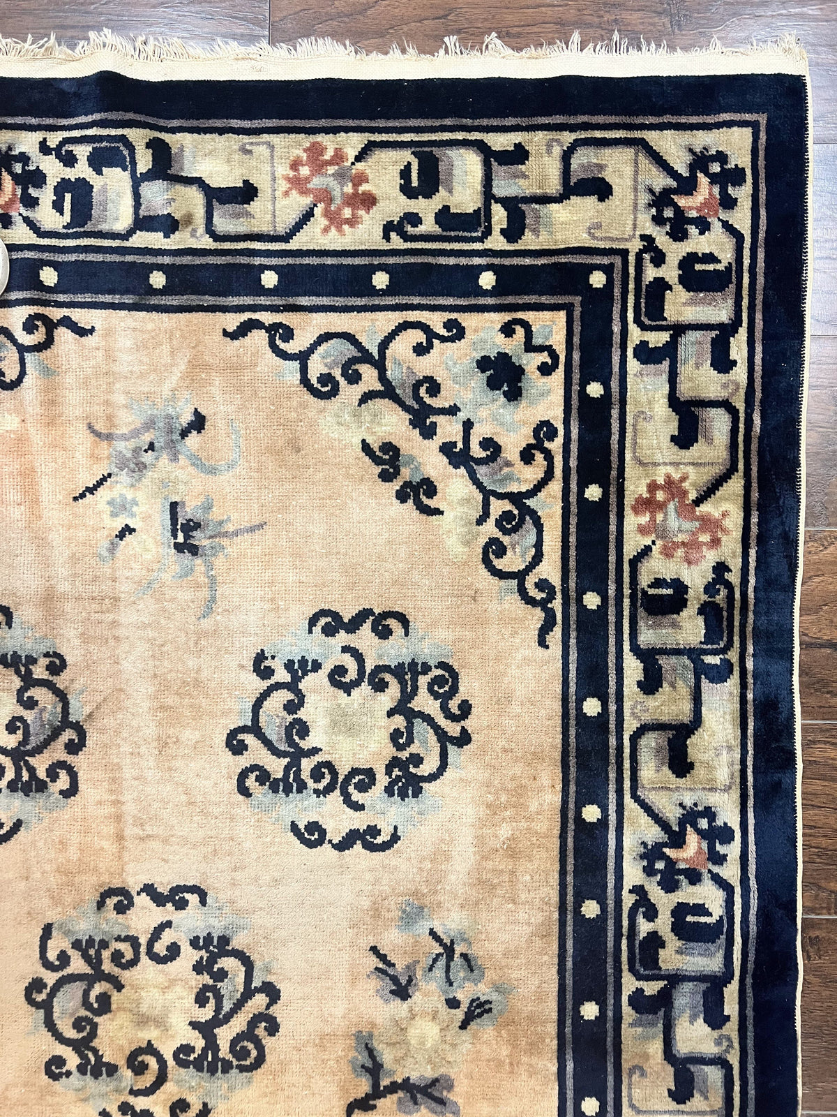 Chinese Peking Rug 4x6, Wool Hand Knotted Handmade Vintage Semi Antique Carpet, Semi Open Field, Light Peach & Navy Blue, Art Deco Rug - Jewel Rugs, view 8