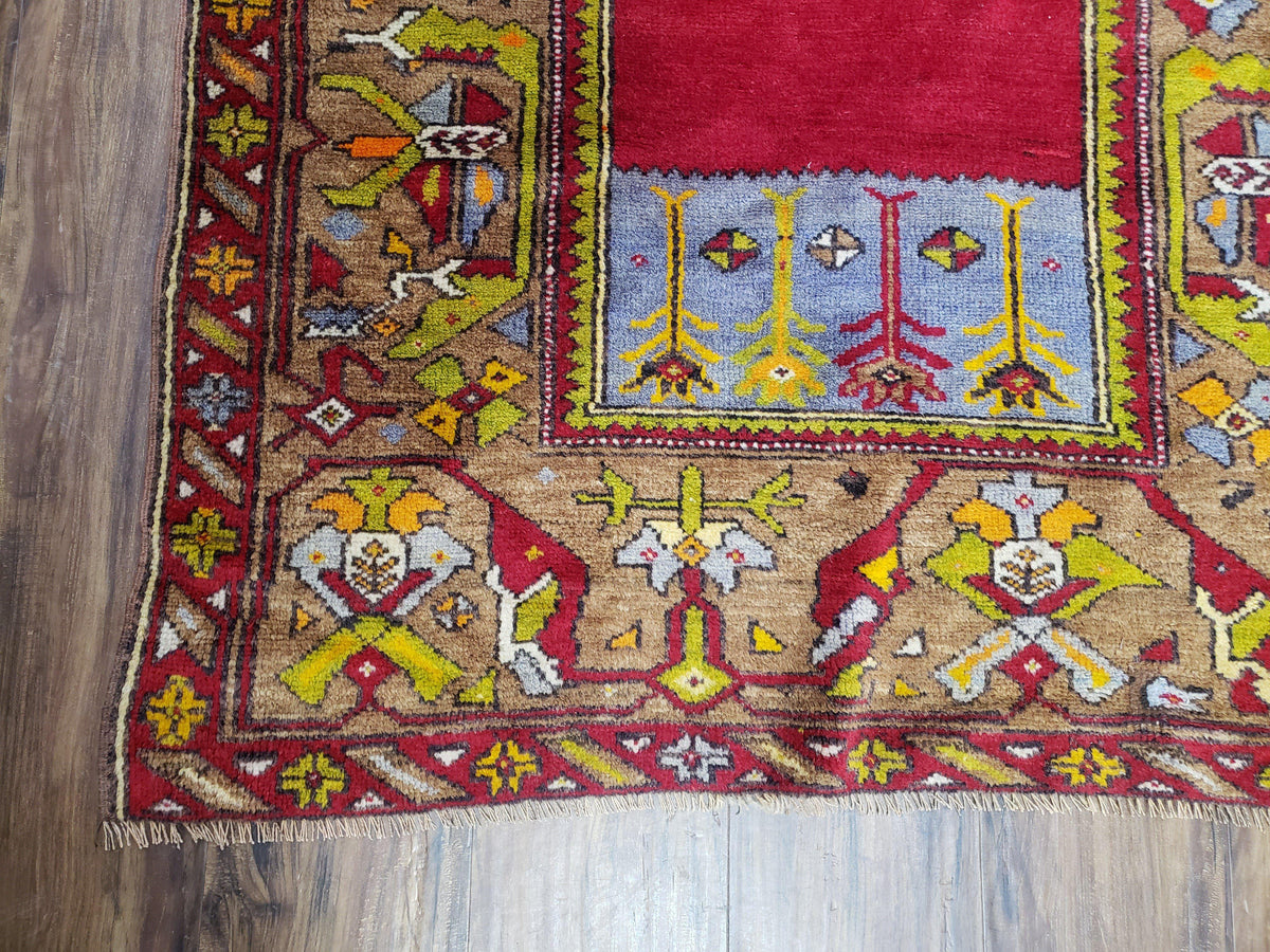 Antique Turkish Prayer Rug 3.8 x 5ft, Colorful Prayer Rug, Red Blue Gold Multicolor Turkish Anatolian Carpet, Handmade Hand-Knotted, Wool - Jewel Rugs, view 9