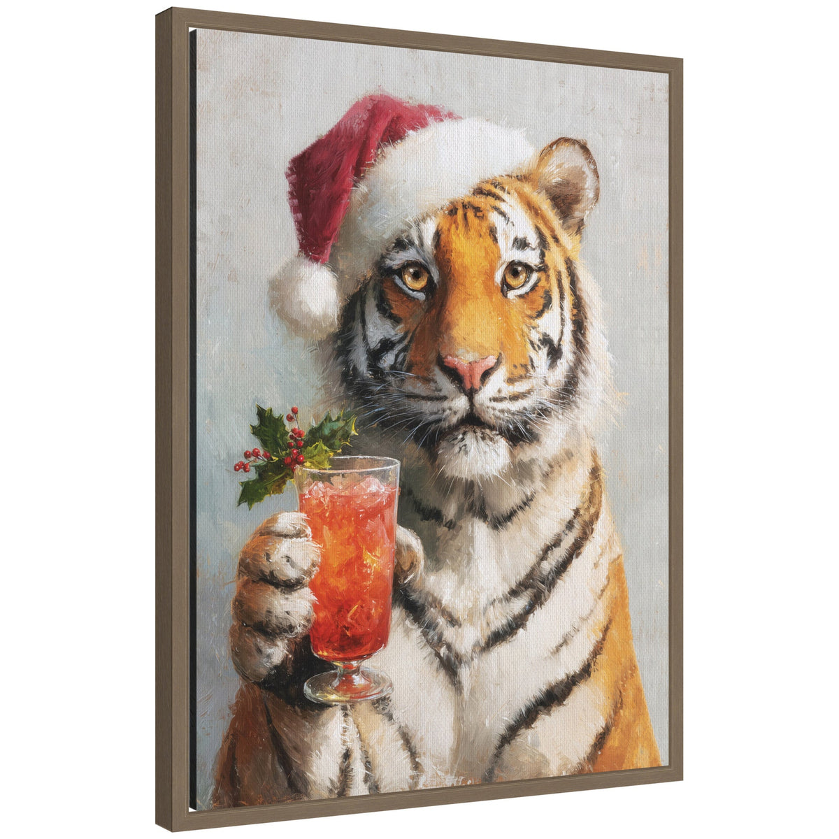 Sylvie Framed Canvas Tiger Festive Cocktail Santa Hat by The Creative Bunch Studio