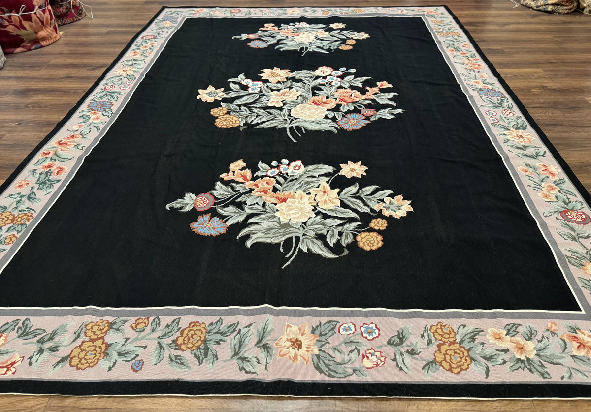 Black Needlepoint Rug 8x11 with Multicolor Flowers, Vintage Carpet - Jewel Rugs
