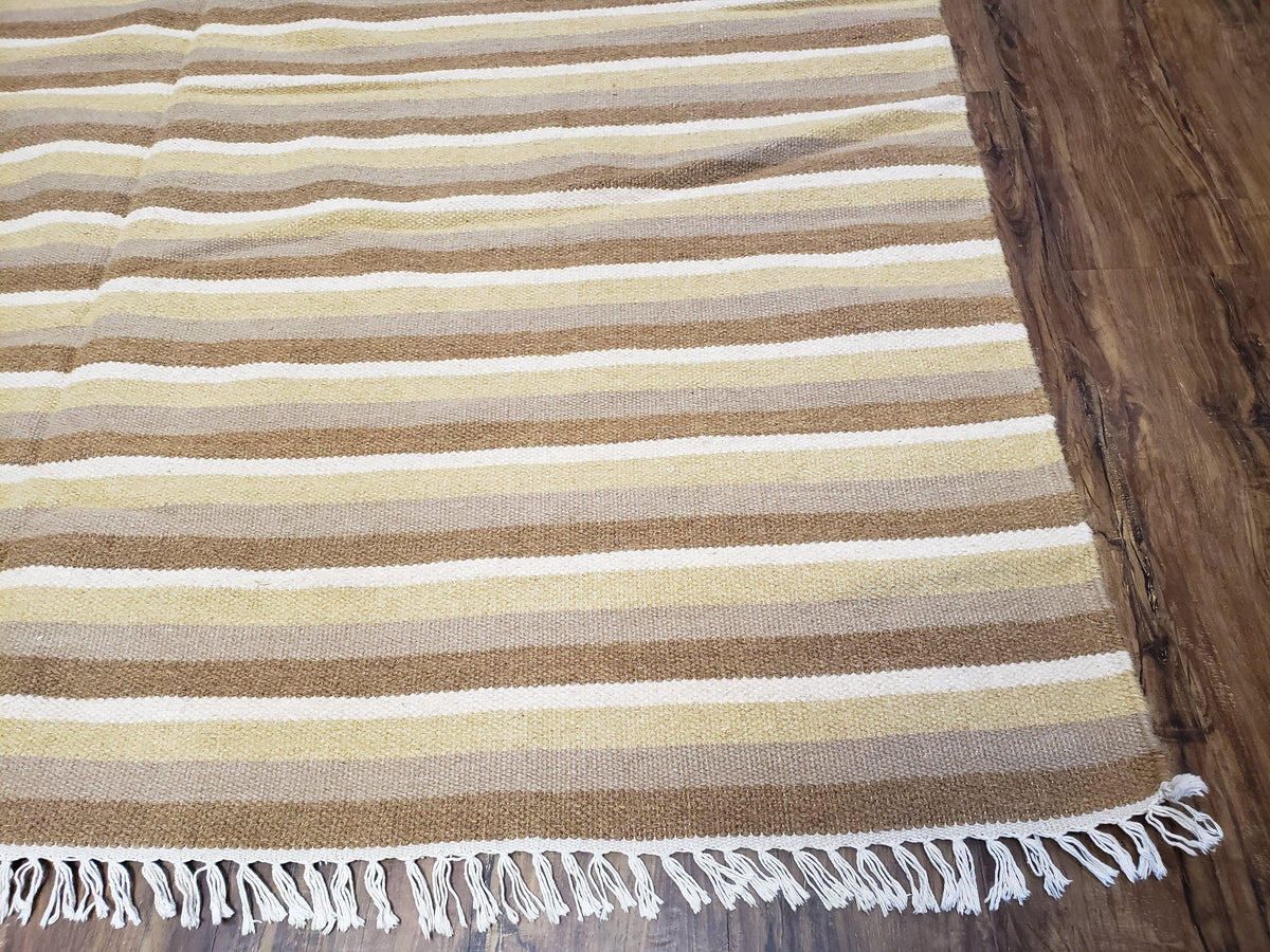 Indian Striped Blanket 6x9, Large Indo Kilim Area Rug, Earthern Tones Woolen Hand-Woven Flatweave South American Style Queen Size Bedspread - Jewel Rugs, view 10