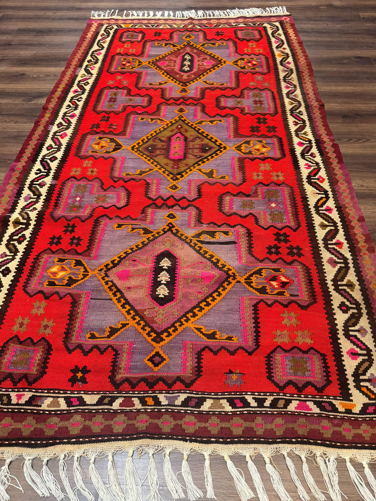Persian Kurdish Zarand Kilim Rug 5x9, Red, Geometric Medallions, Wide Runner - Jewel Rugs, view 2