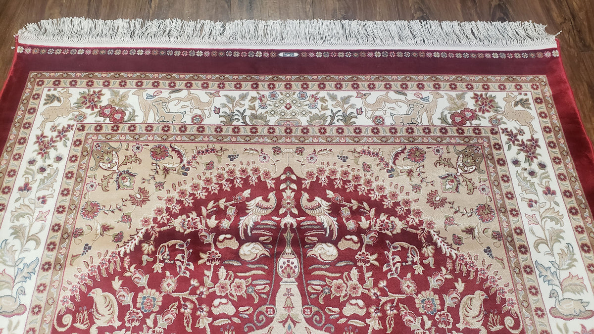 Silk Carpet 4x6 Dark Red & Cream, Tree of Life Rug, Animal Motifs, Birds Deer Rabbits, All Bamboo Silk, 4 x 6 Silk Area Rug - Jewel Rugs, view 3