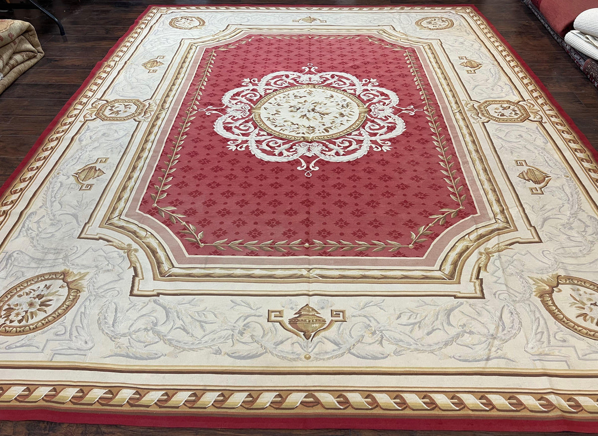 Aubusson Rug 9x12 ft, Red and Ivory Elegant Aubusson Carpet, Flatweave, Vintage Wool Handmade Area Rug 9 x 12, French European Design - Jewel Rugs, view 2