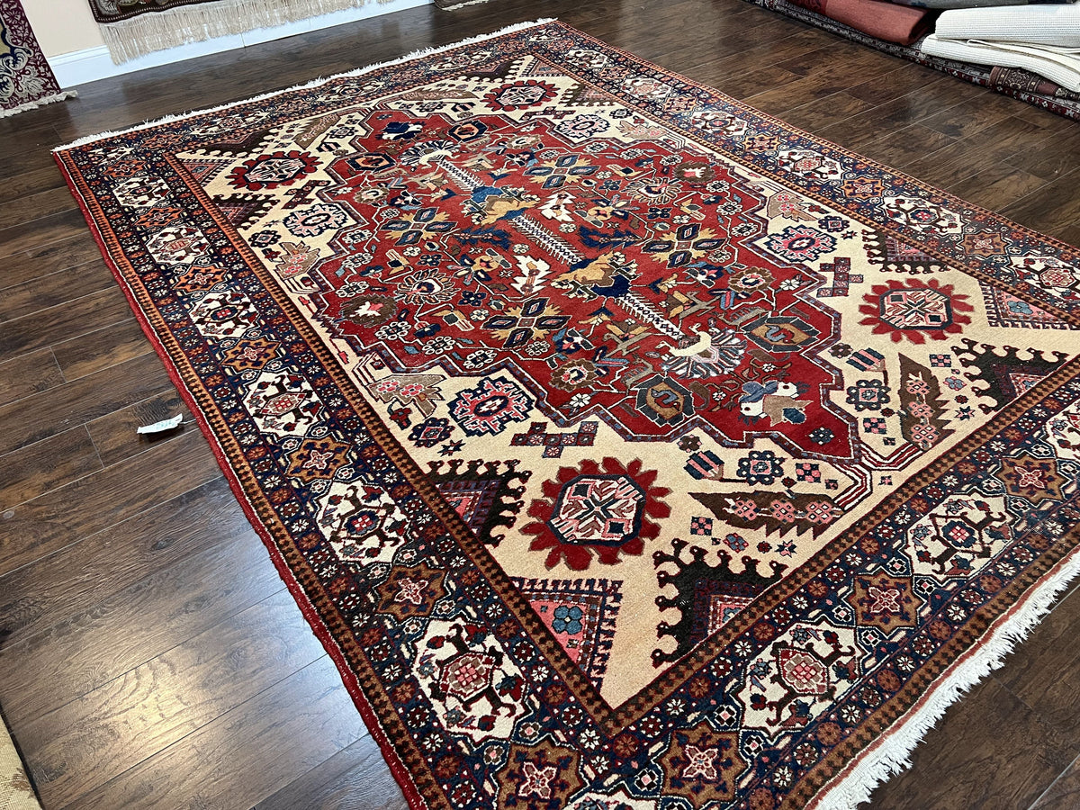 Antique Persian Heriz Rug 8x12 ft, Geometric Tribal Room Sized Carpet, Camel Hair Red Navy Blue, Wool Hand Knotted Medallion Oriental Carpet - Jewel Rugs, view 13