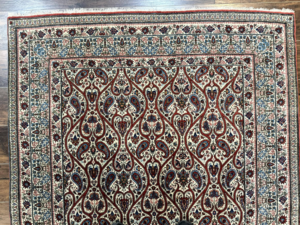 Unique Persian Qum Rug 5x7, Repeated Paisely Boteh Design, Ivory Red Blue, Handmade Antique Wool Persian Carpet, Finely Hand Knotted - Jewel Rugs, view 4