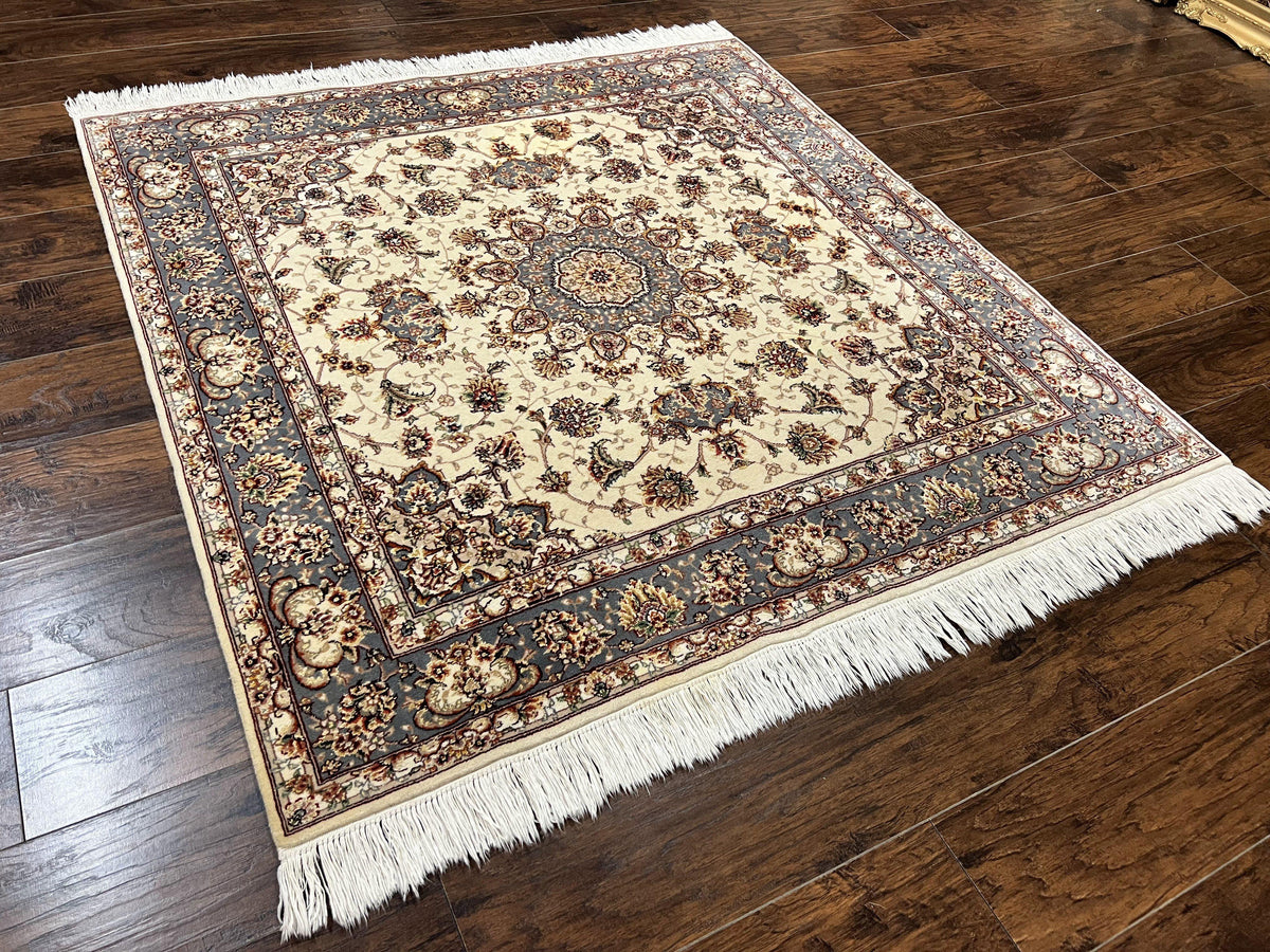Sino Persian Square Rug 5x5, Very Fine Oriental Carpet, Wool & Silk Highlights, Ivory, Hand Knotted Handmade Vintage Traditional Rug - Jewel Rugs, view 13