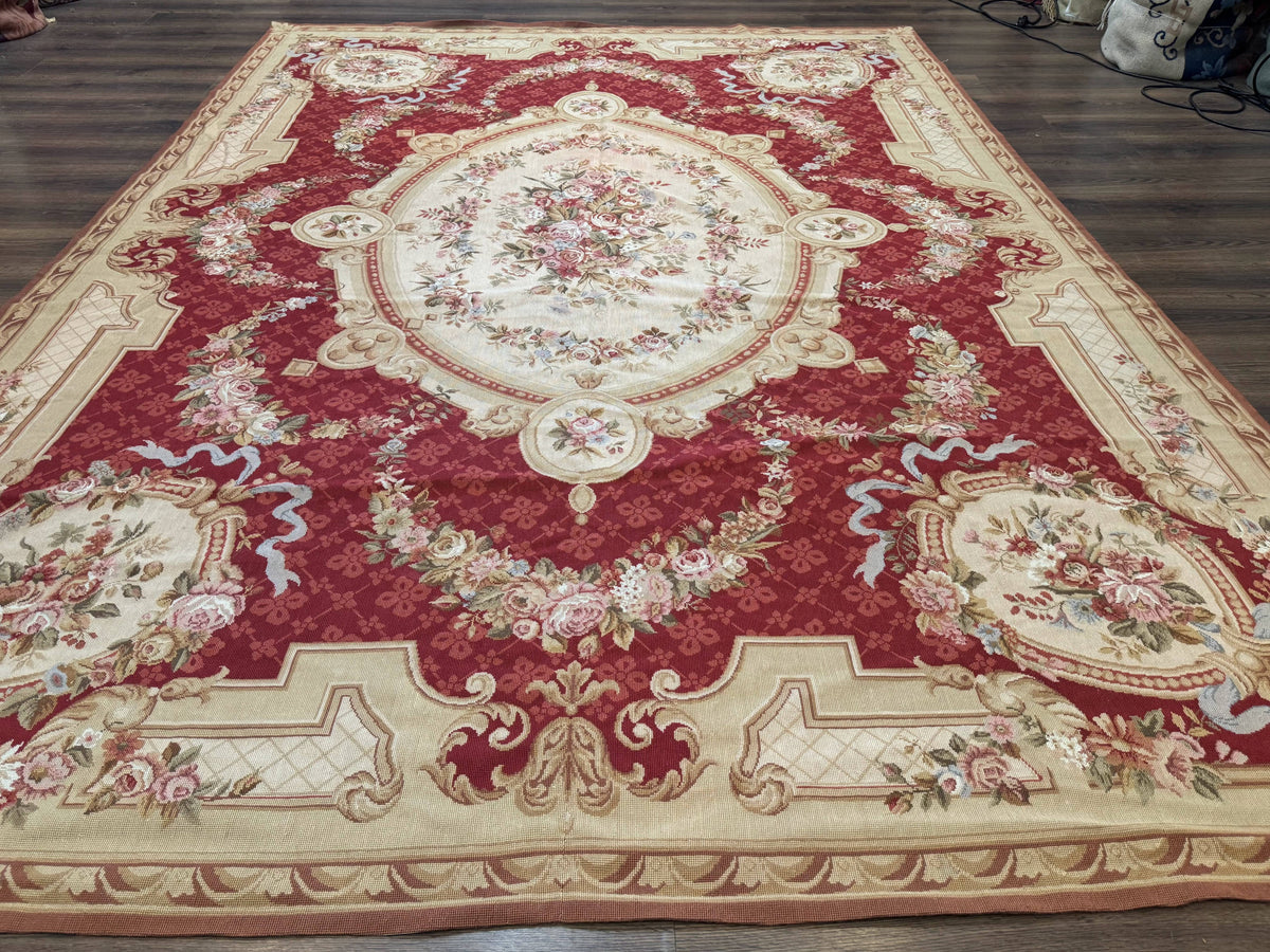 Aubusson Rug 8x11, Needlepoint Carpet, Red Ivory Beige, Vintage, French European Design - Jewel Rugs, view 2