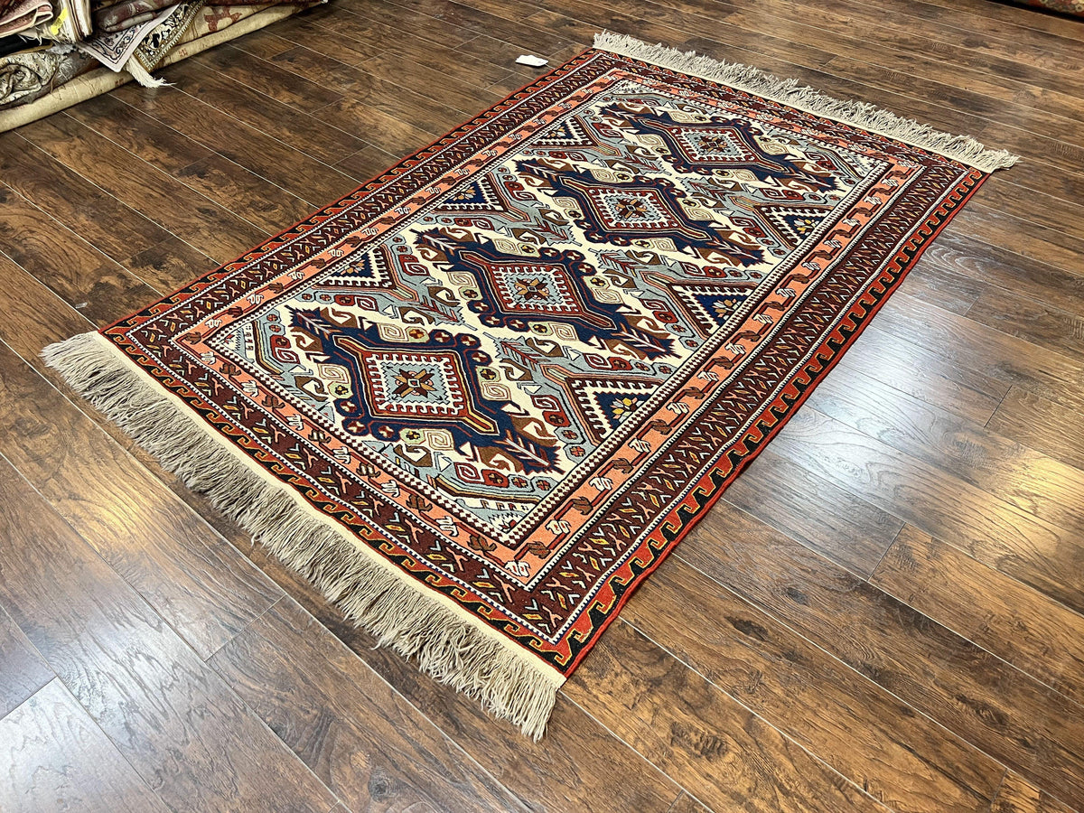 Russian Soumak Rug 6x8, Wool Handmade Antique Kilim Carpet, Multicolor 6 x 8 Geometric Medallions Caucasian Rug, Medium Size - Jewel Rugs, view 3