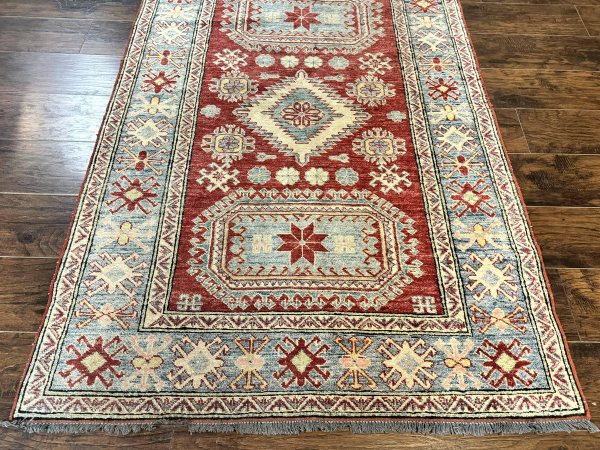 Turkish Kazak Rug 4x6, Handmade Vintage Wool Carpet, Geometric Design, Red and Light Blue - Jewel Rugs, view 6