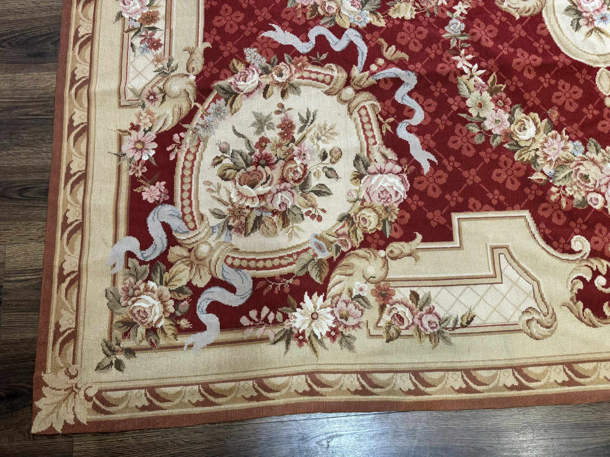 Aubusson Rug 8x11, Needlepoint Carpet, Red Ivory Beige, Vintage, French European Design - Jewel Rugs, view 9