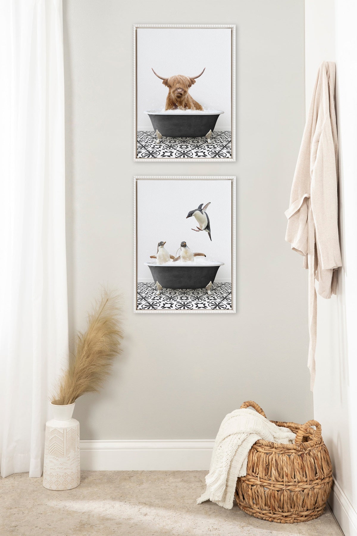 Sylvie Penguins in Classic Black and White Bath Framed Canvas by Amy Peterson