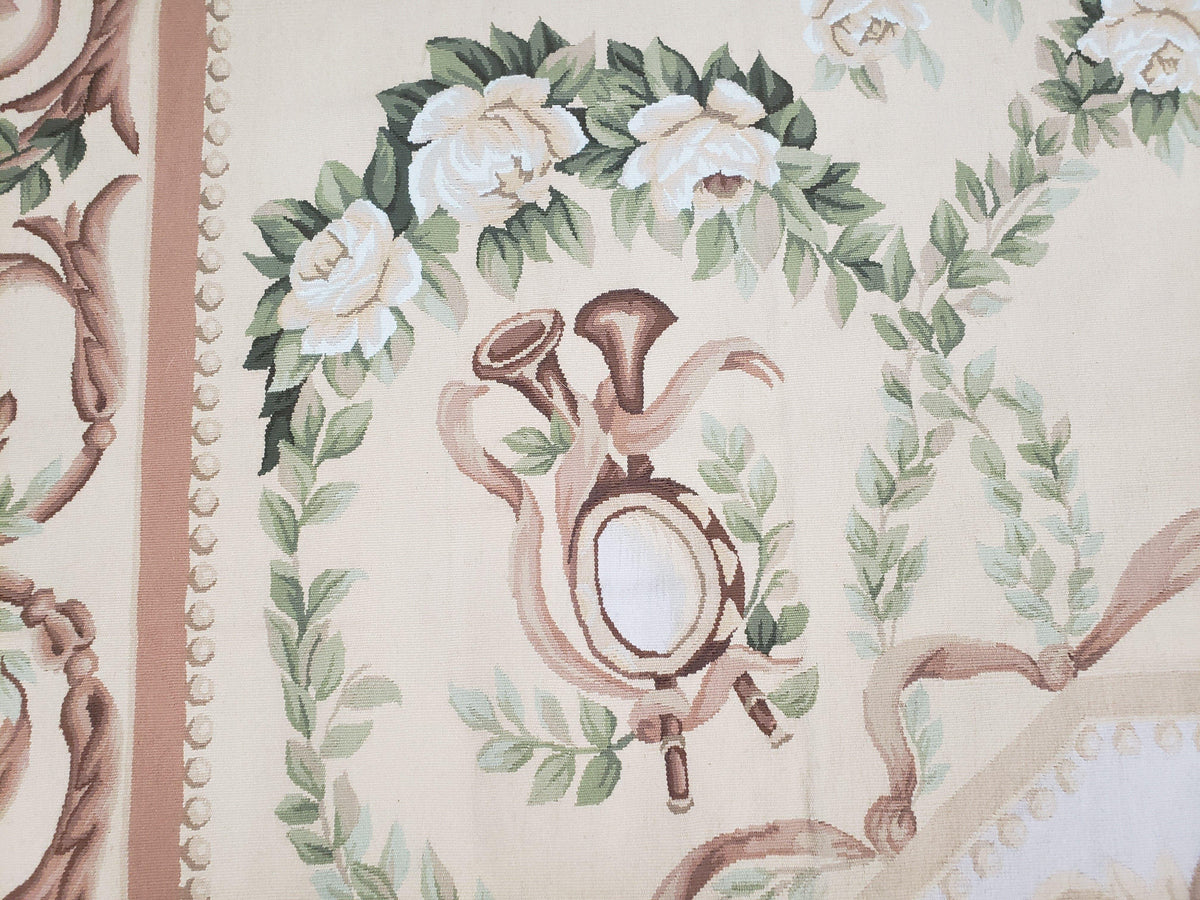 Elegant Aubusson Rug 10 x 14, Cream and Ivory Simple Aubusson Floral Carpet, Hand-Woven, European, New Aubusson Rug, Wool Area Rug, Violins - Jewel Rugs, view 12