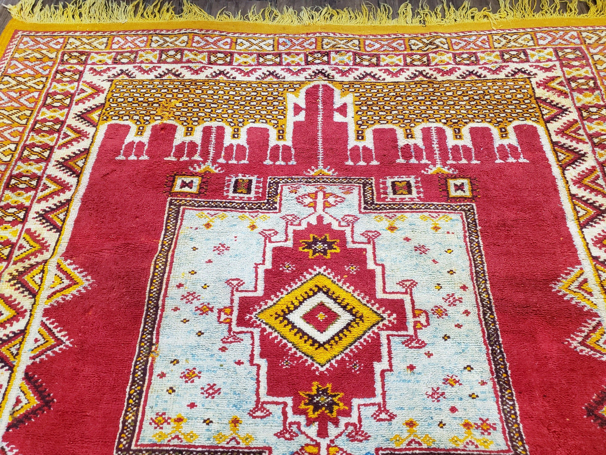 Vintage Moroccan Rug 6x10, Red and Yellow Moroccan Carpet, Handmade Bohemian Tribal Area Rug, Hand-Knotted 1970s Wool Rug, Medalions - Jewel Rugs, view 4