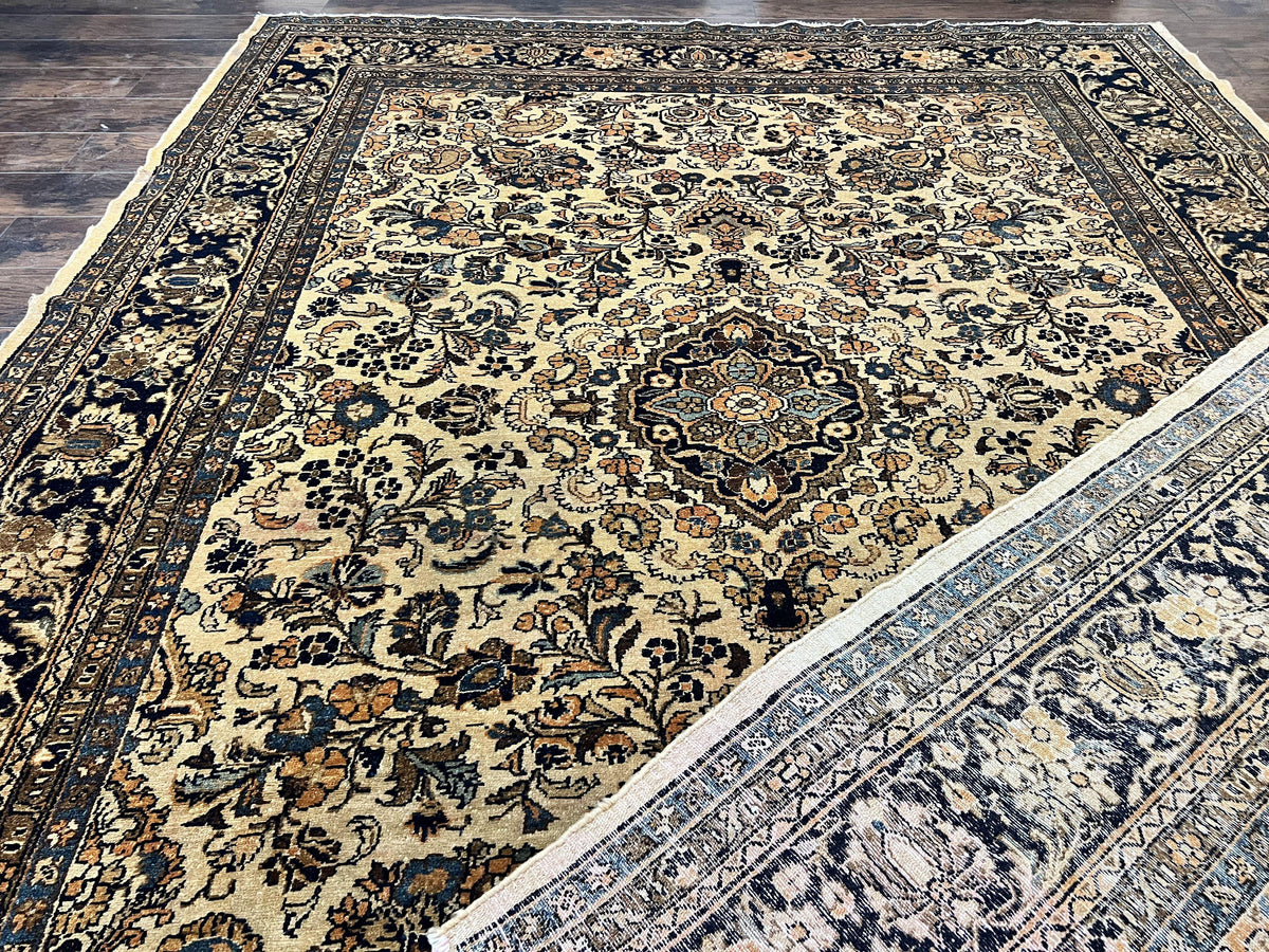 Antique Persian Rug 9x11, Wool Handmade 1920s Oriental Carpet, Persian Hamadan Anjelas Rug, Cream Black, Floral Allover Oriental Rug 9 x 11 Room Sized Rug - Jewel Rugs, view 12