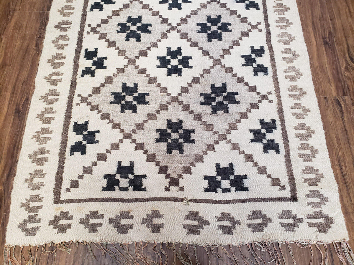 Semi Antique South American Blanket 4x8, Wool Hand-Woven Flatweave Kilim Rug, Handmade Antique Vintage Runner, Ivory & Blue, Diamond Panel - Jewel Rugs, view 8