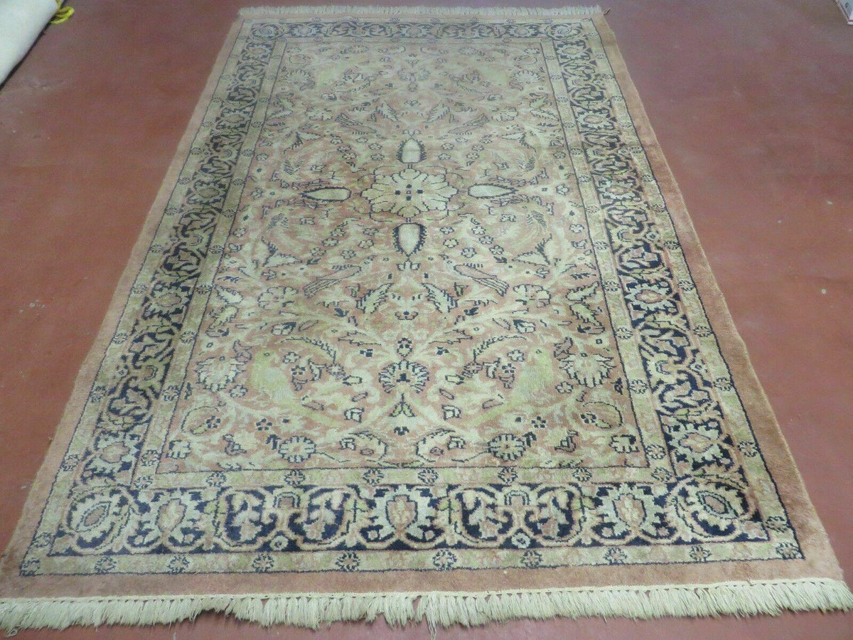 Indian Silk Rug 4x6, Indian Kashmiri Silk Carpet 4 x 6 ft, Vintage Hand Knotted Floral Bird Motifs, Light Pink and Navy Blue, Silk on Cotton - Jewel Rugs, view 2