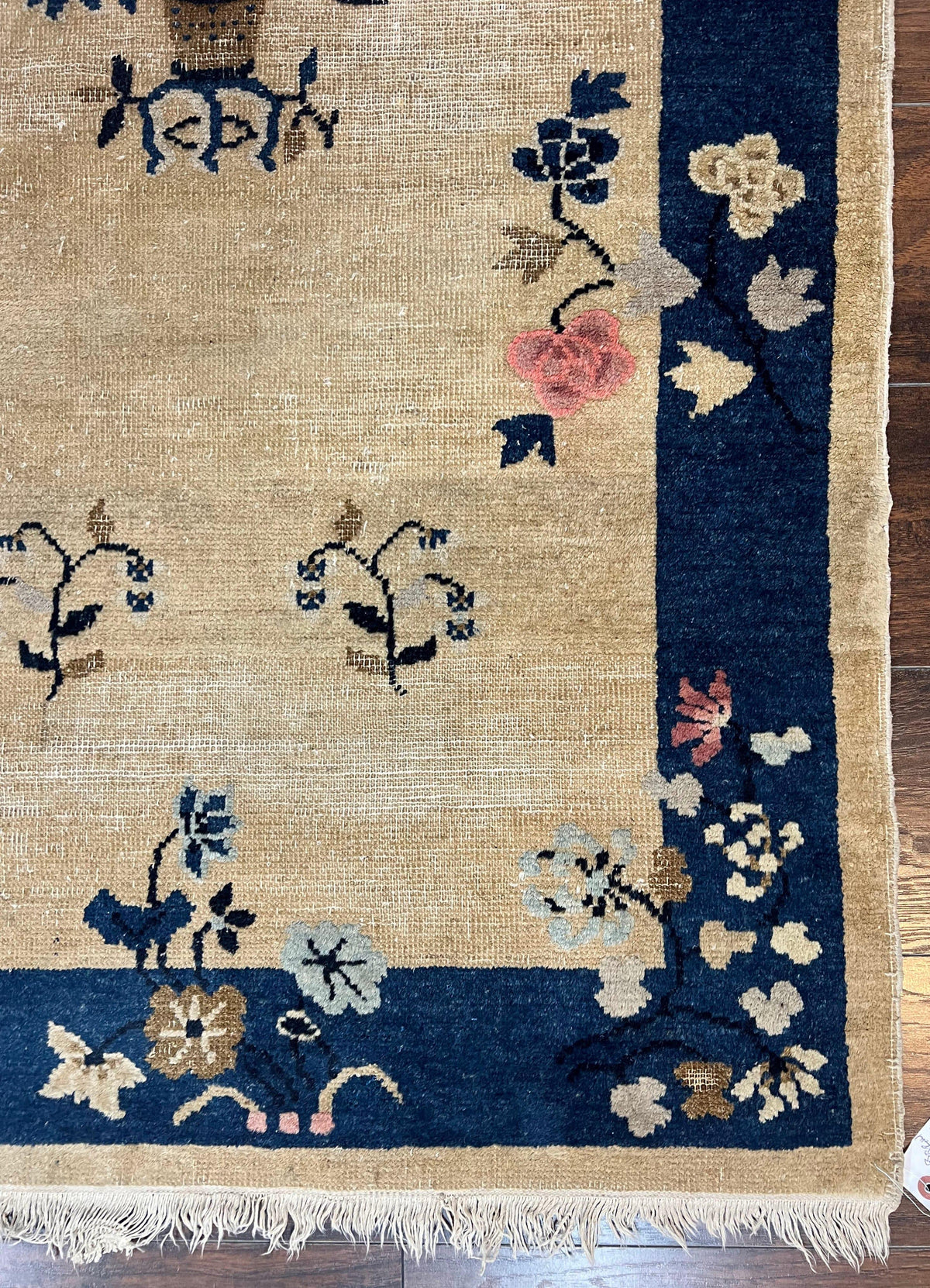Antique Chinese Peking Rug 3x6, Beige and Dark Blue Hand Knotted Handmade Asian Oriental Carpet, Floral Vases, Vintage Wool Art Deco Rug - Jewel Rugs, view 10