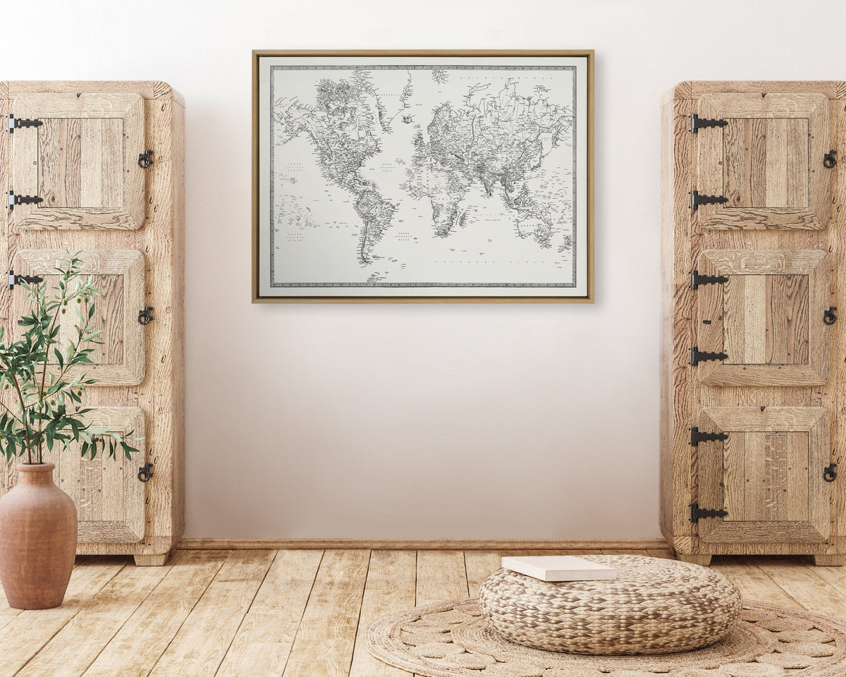 Sylvie Vintage Black and White World Map Framed Canvas by The Creative Bunch Studio