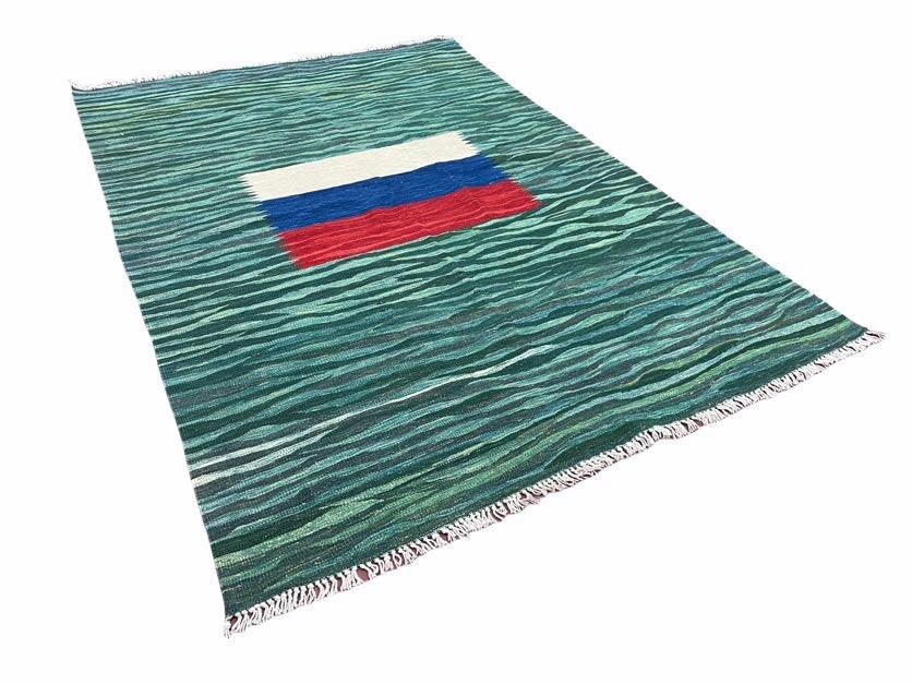 Sea Green Kilim Area Rug, White Blue Red Stripes, Russian Flag Rug, Flatweave Hand Knotted Carpet, Turkish Carpet, Wool, New, 5' 6" x 7' 10" - Jewel Rugs, view 3