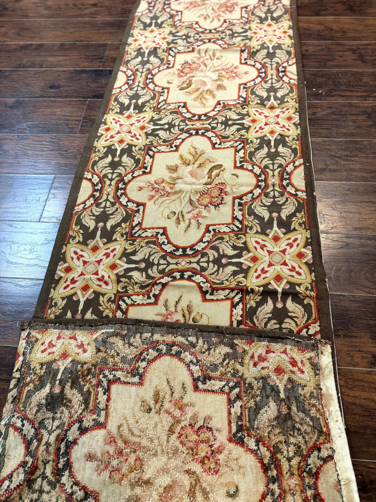 Needlepoint Runner Rug 2.7 x 9.7, European French Design, Wool, Handmade, Vintage - Jewel Rugs, view 12