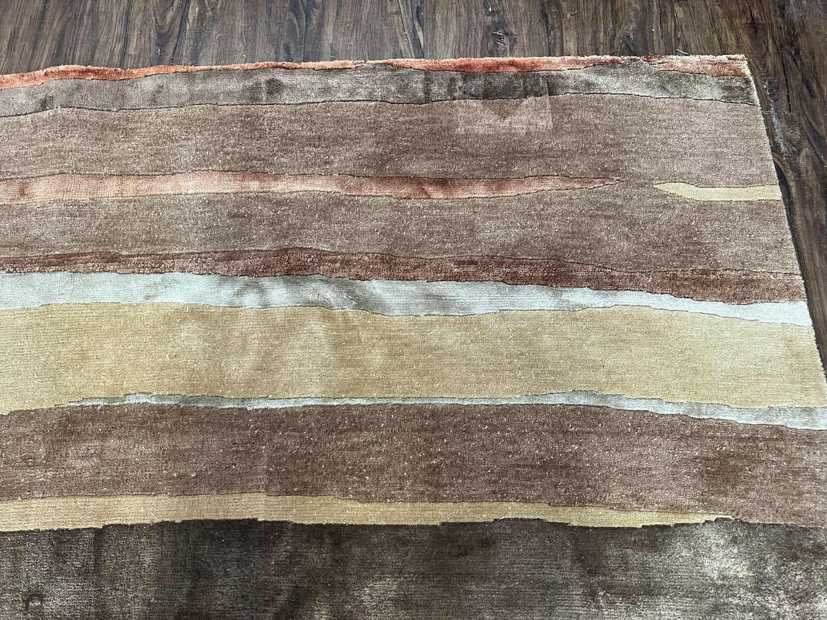 Modern Tibetan Rug 8x11 Nepali Carpet, Shiny Velvely Soft Wool and Silk, Contemporary Hand Knotted Rug, Striped Design, Wool Area Rug 8 x 11 - Jewel Rugs, view 8