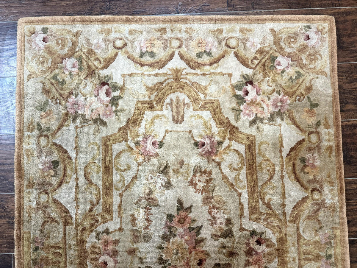 Chinese Aubusson Rug 3.6 x 5, Beige and Gold, Handmade Vintage Elegant European Design Carpet, Plush Wool, Handmade - Jewel Rugs, view 4