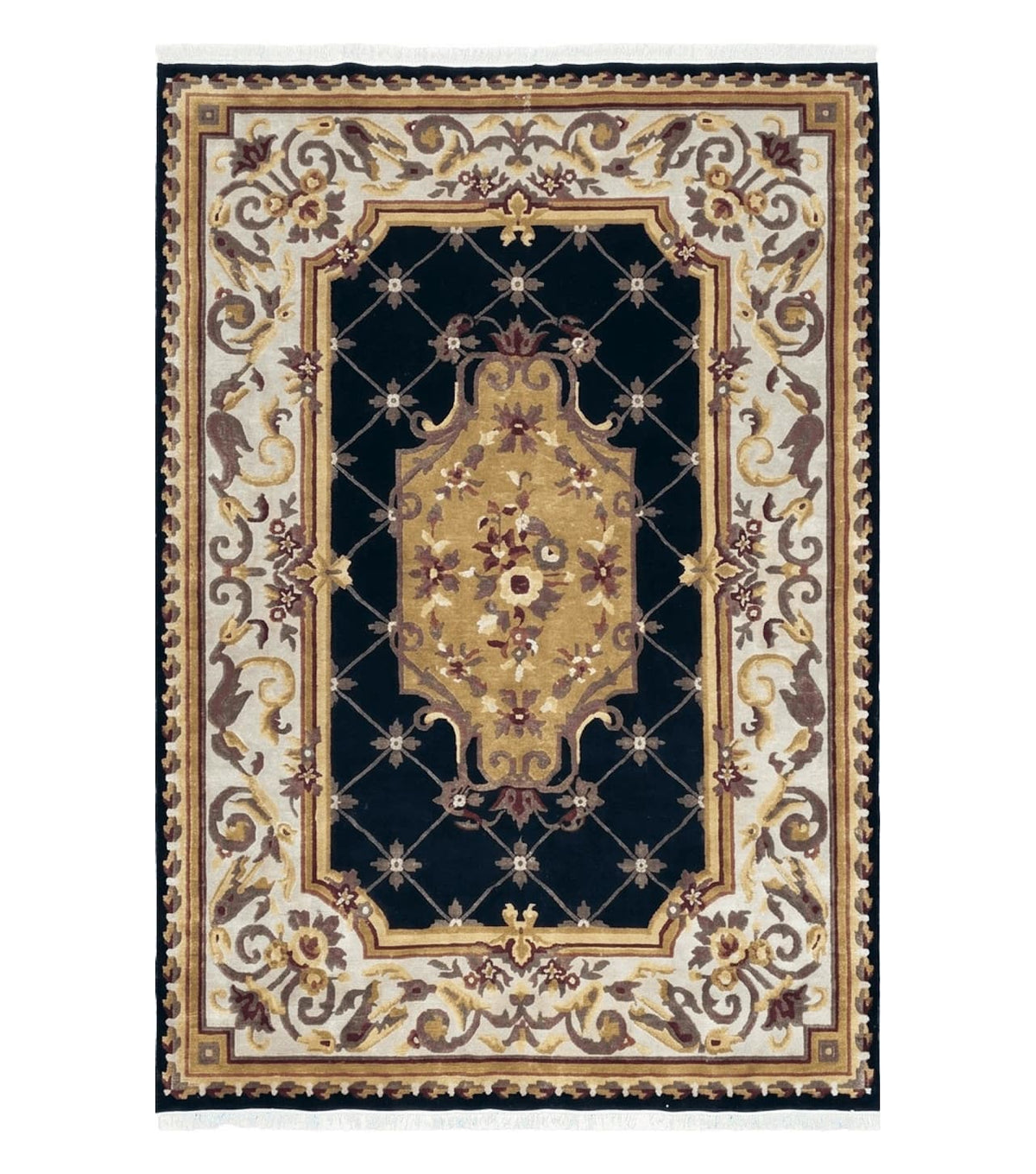 6x9 Nepalese Rug, Aubusson Savonnerie Area Rug 6 x 9 with Soft Pile, Hand-Knotted Wool Black & Beige Tibetan New Carpet European Design - Jewel Rugs