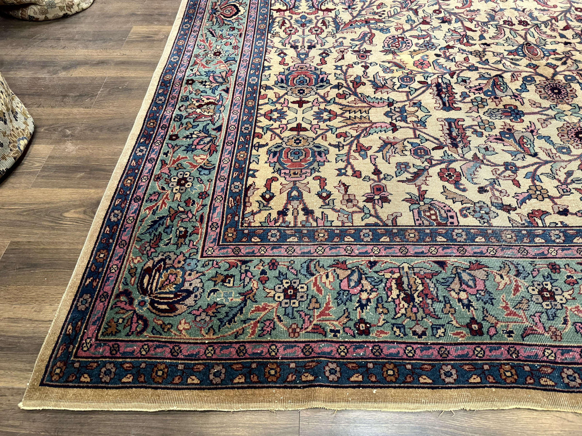Antique Persian Rug 10x15, Camel and Cyan, Allover Pattern, Rare, Samarkand Rug - Jewel Rugs, view 8