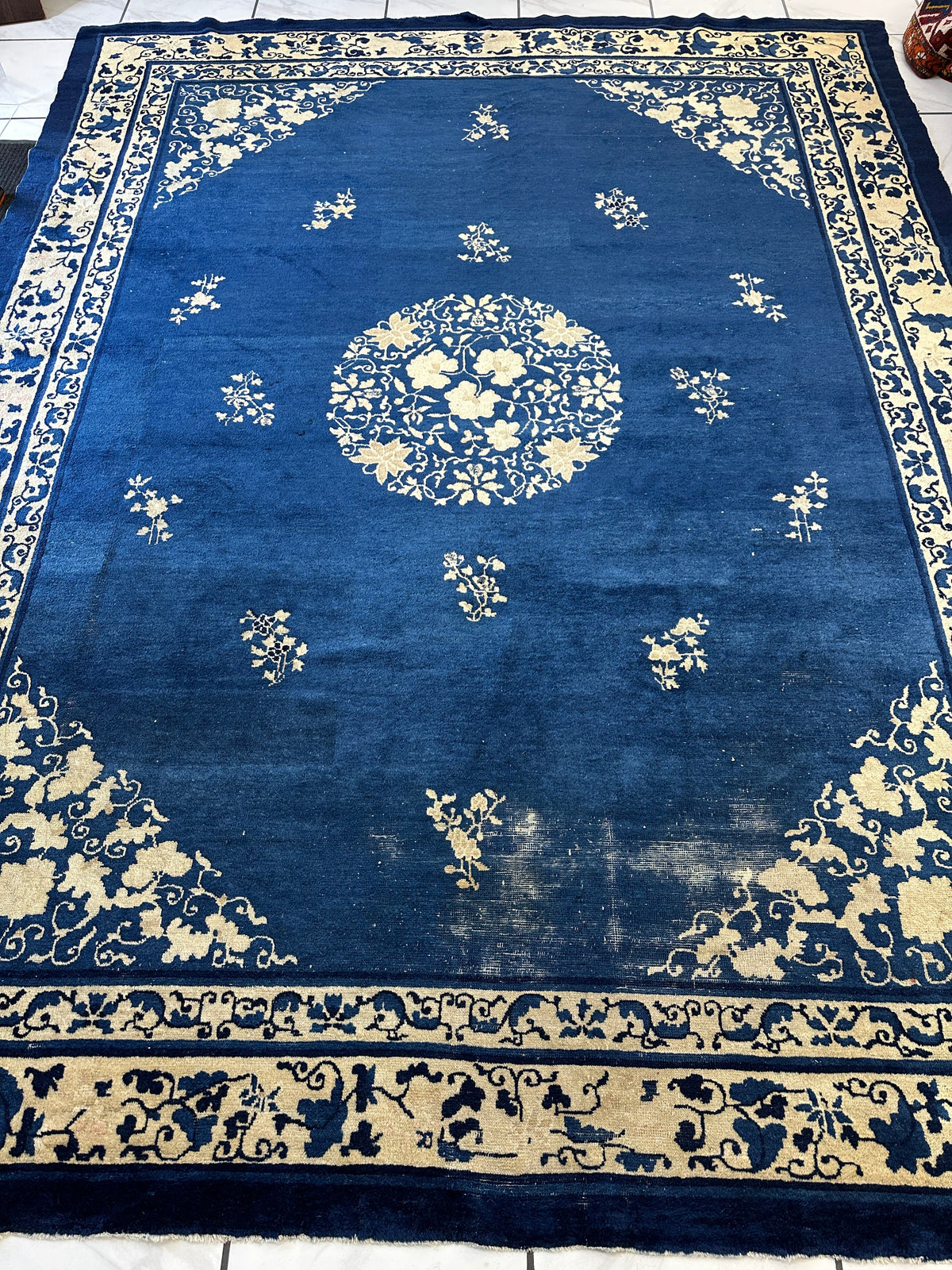 Antique Chinese Rug 9x12 | Blue, Ivory & Navy | Hand-Knotted Wool - Rugistan, view 5