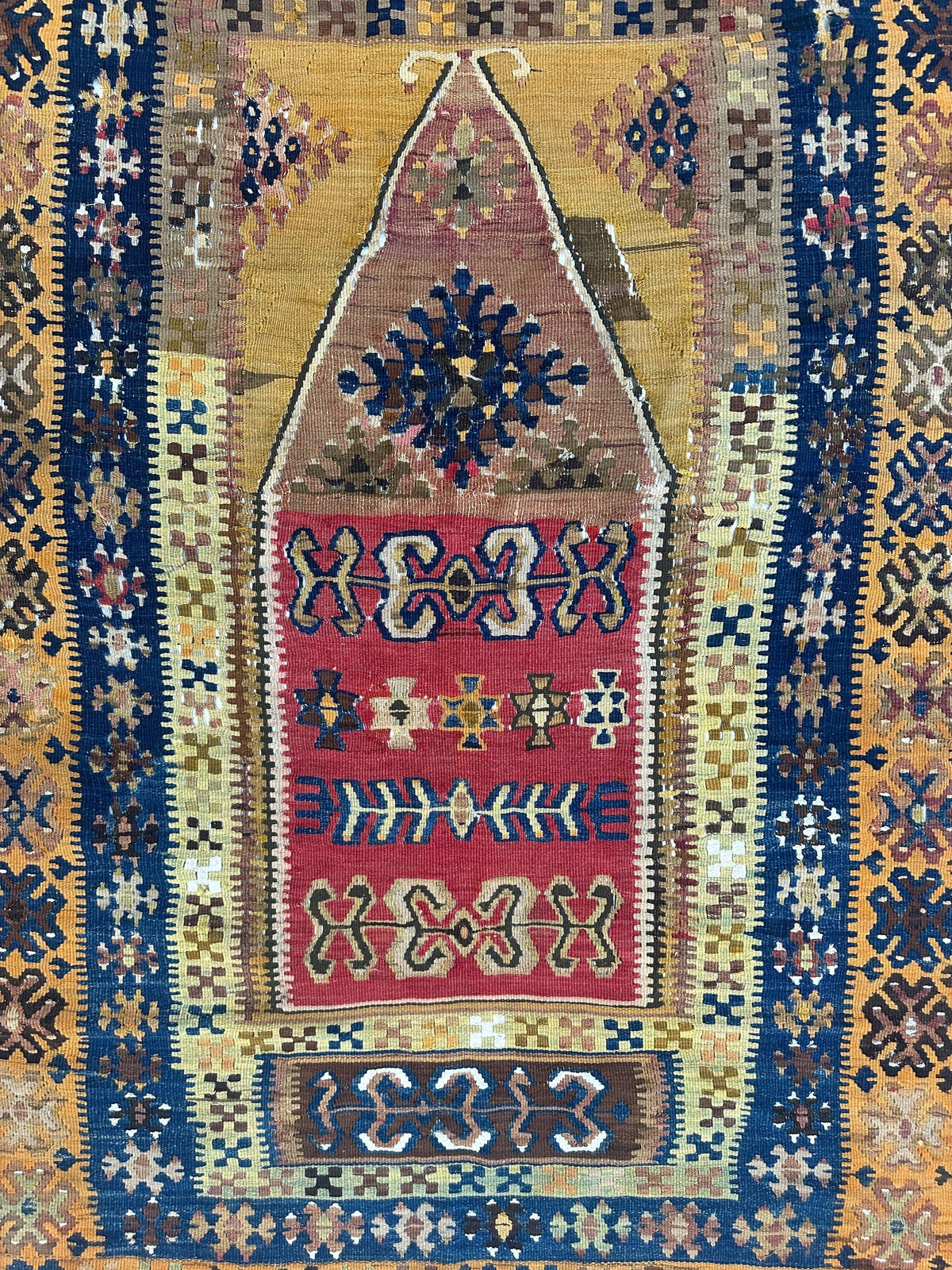 Antique Turkish Prayer Rug 4x7 | Gold, Navy & Red | Hand-Woven Wool Flatweave - Rugistan, view 3