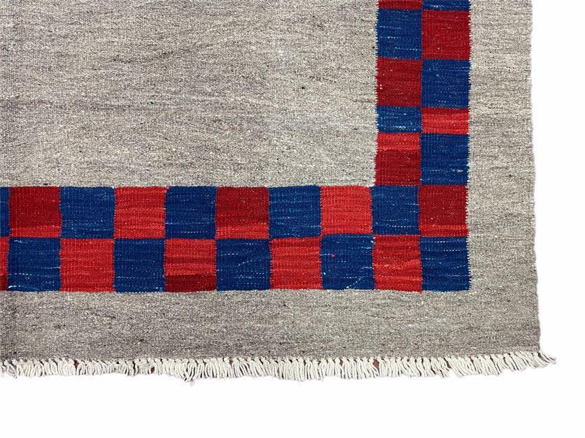 5' 7" x 7' 9" Geometric Kilim Carpet, Gray, Handmade, Hand-Knotted Area Rug, Blue & Red, Flatweave, Wool, New, Checkerboard Pattern - Jewel Rugs, view 12