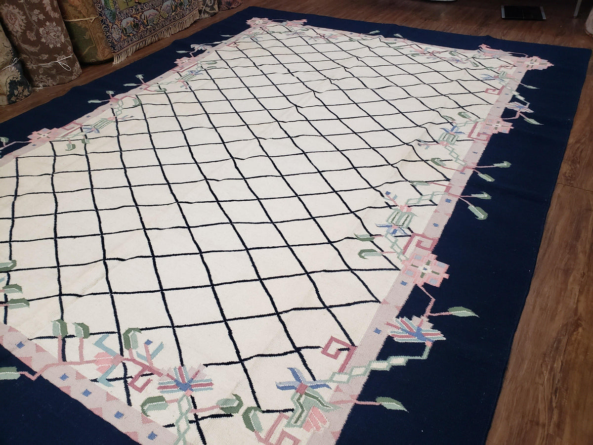 Vintage Dhurrie Rug, Indian Dhurrie 8x11 - 9x11, Wool Hand-Woven Ivory & Black Indo Carpet, Large Flat Weave Rug Living Room Rug Black White - Jewel Rugs, view 3