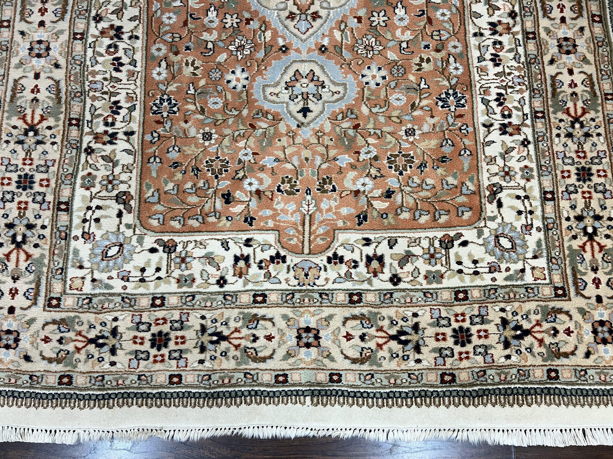 Indo Persian Rug 6x9, Wool Hand Knotted Vintage Carpet, Salmon & Ivory, Traditional Oriental Rug 6 x 9 - Jewel Rugs, view 6