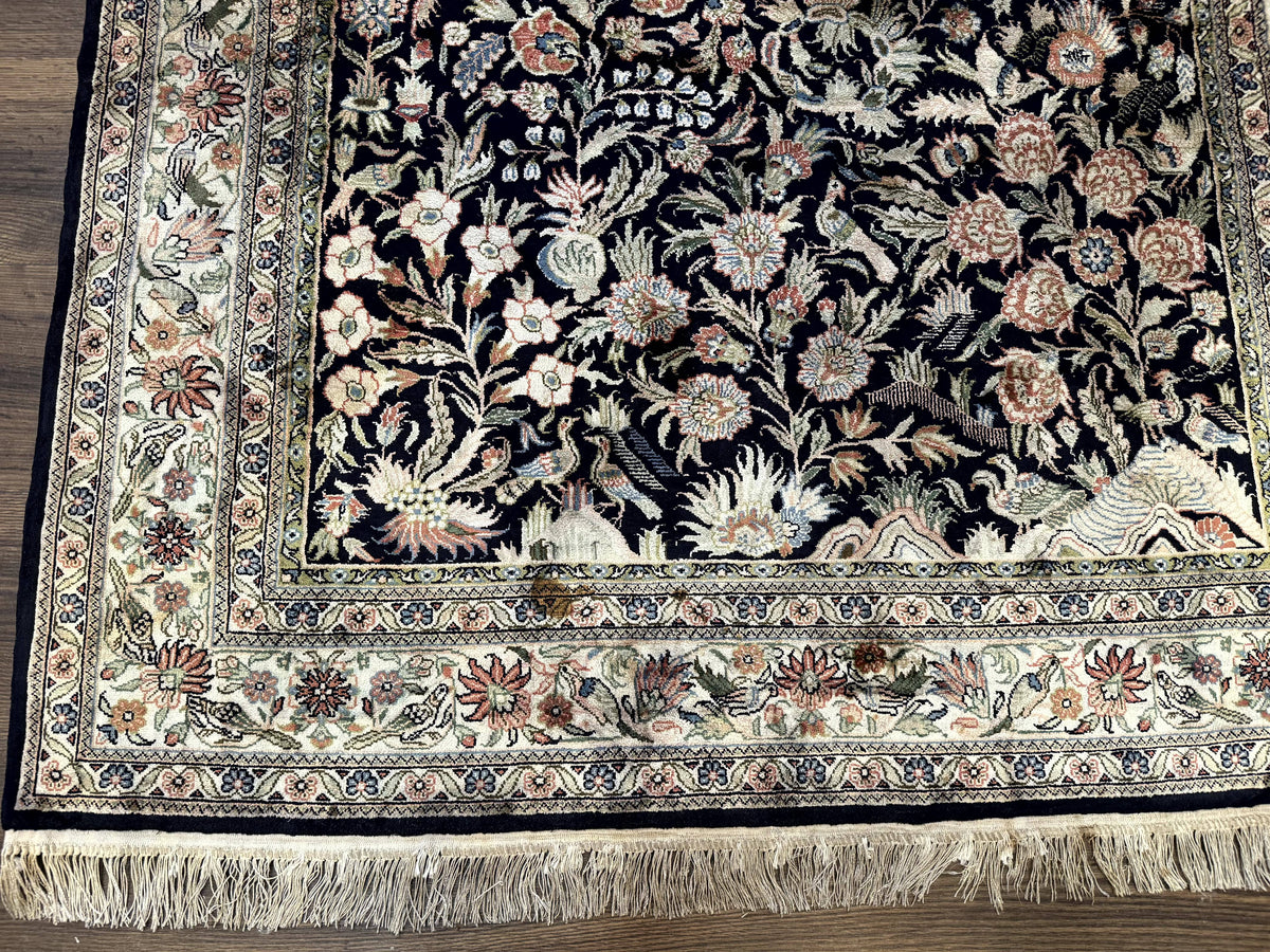 Silk Rug 4x6, Black and Cream, Floral & Bird Pictorials, Fine 330 KPSI, Sino Persian Rug - Jewel Rugs, view 9