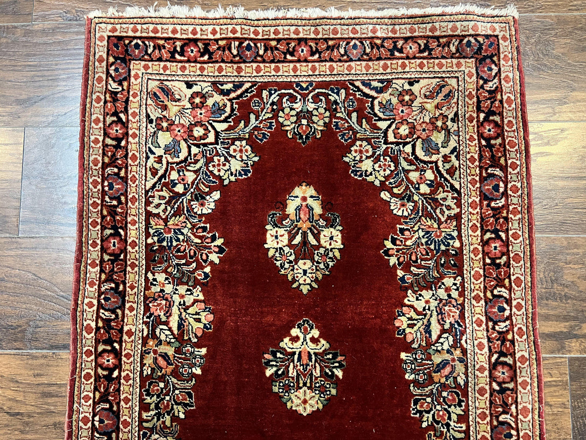 Persian Sarouk Runner Rug 2.7 x 6, Semi Open Field, Red, Handmade Hand Knotted, Wool Oriental Carpet, Vintage Semi Antique - Jewel Rugs, view 7