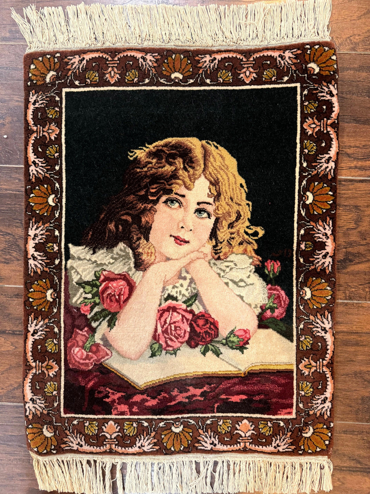 Small Persian Tabriz Pictorial Rug of Young Girl, Very Fine 380 KPSI, Portrait of Young Lady with Roses, Handmade, Persian Rug for Wall Hanging - Jewel Rugs, view 2