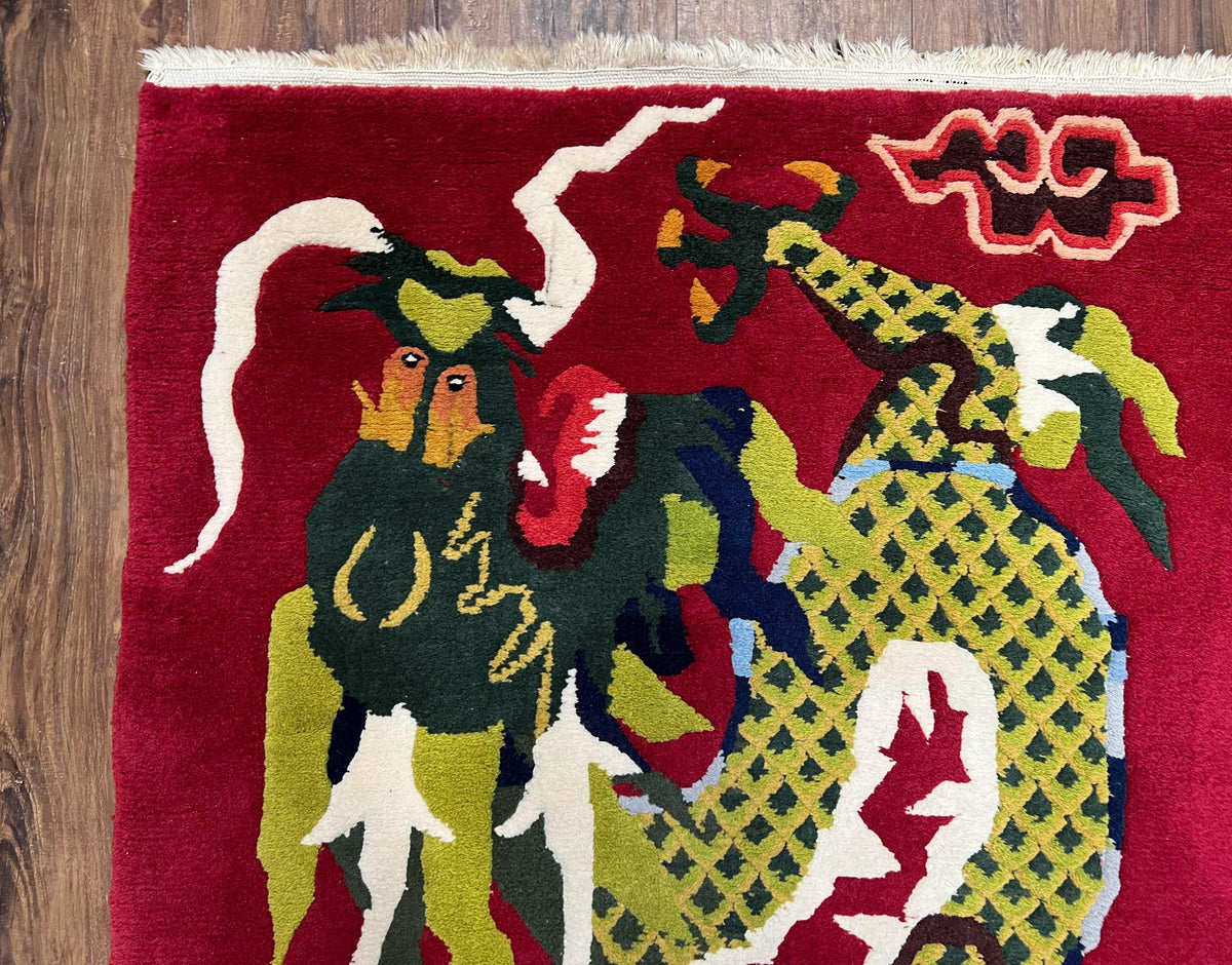 Vintage Chinese Dragon Rug 3 x 6.8, Handmade Hand Knotted Red Chinese Carpet with Gold Dragon, Art Deco Peking Soft Chinese Rug Runner - Jewel Rugs, view 7
